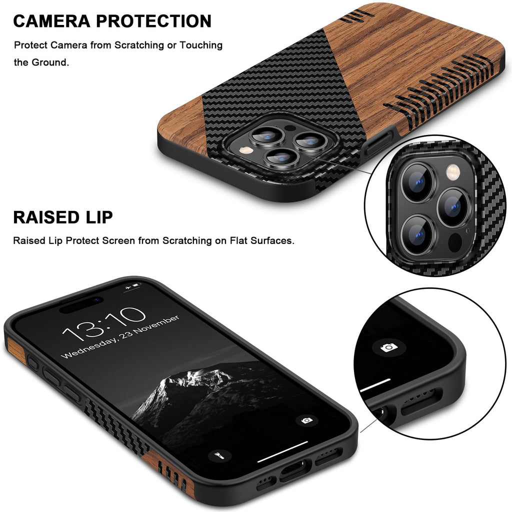 TENDLIN Compatible with iPhone 15 Case Wood Grain with Carbon Fiber Texture Design Leather Hybrid Slim Case (Black)