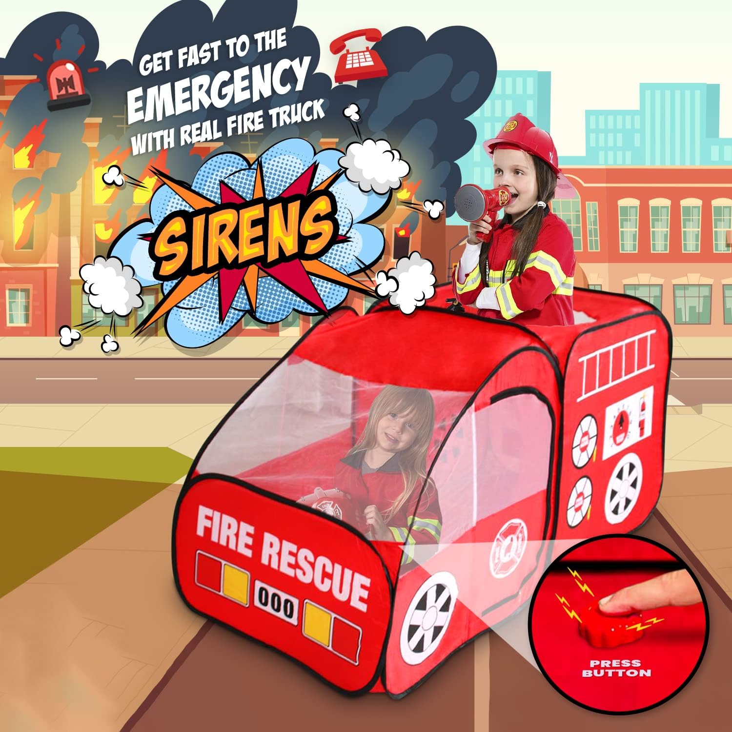 Kiddey Fire Truck Tent for Kids | Firetruck Play Tents with Sirens and Fireman Sounds for Girls, Boys, & Toddlers Gifts | Red Fire Engine Pop Up Playhouse with Costume | Indoor & Outdoor Baby Tent