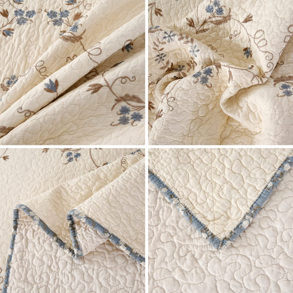 vctops 3-Piece Floral Embroidered Bedspread Coverlet Set Twin Size 100% Cotton Reversible Patchwork 1 Quilt and 2 Pillow Shams (Flower,Twin)