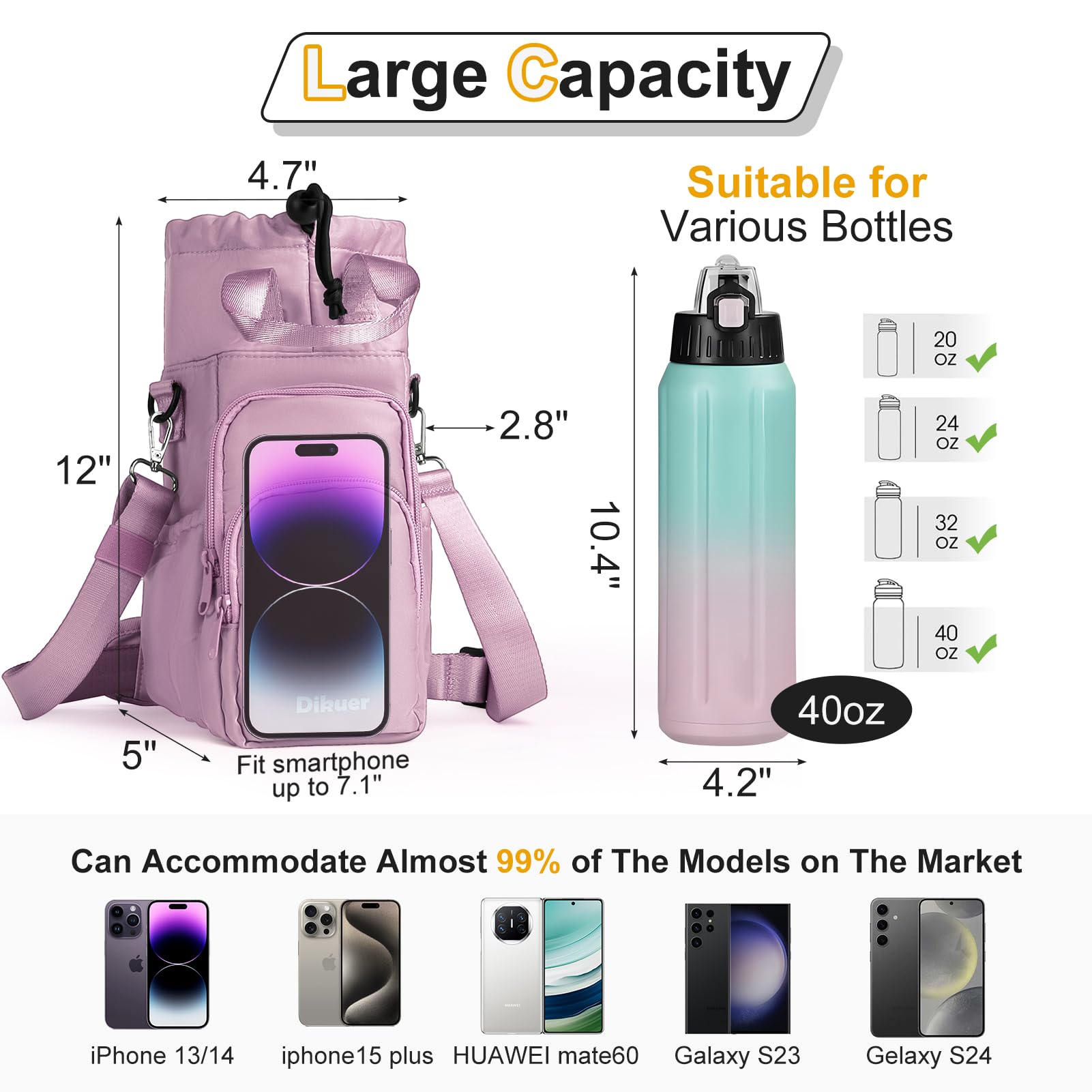 Water Bottle Holder with Strap, 32oz 40oz Insulated Crossbody Water Bottle Carrier Sling Bag with Phone Pocket for Walking/Hiking/Travel/Gym