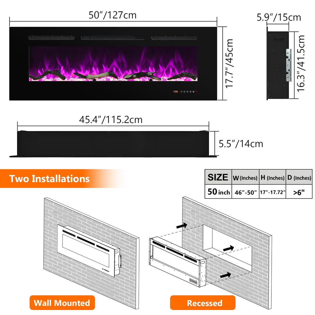 Electric Fireplace 30 inch Wide, Wall Mounted Fireplace Inserts Electric Heater, 13 * 13 Flame Effects Like Real Flame, Low Noise, Timer & Thermostat Setting, 750W/1500W, Black