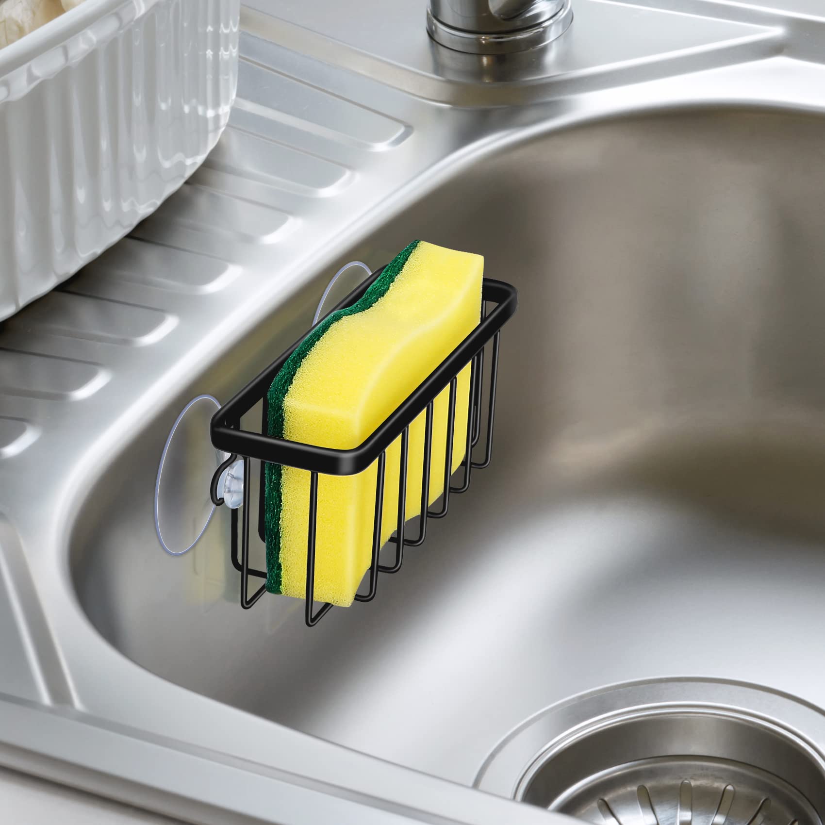 HLOOL Kitchen Sink Sponge Holder, Kitchen Sink Caddy, Sponge Holder for Kitchen Sink Suction, Dish Soap Holder (Black)