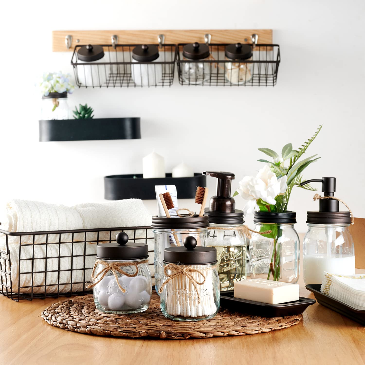 SheeChung 6Pcs Mason Jars Bathroom Accessories Set Complete - Toothbrush Holder, Lotion Soap Dispenser, 2 Mason Jars, Soap Dish, Toilet Paper Basket, Rustic Farmhouse Decor (Black, 6Pcs Bathroom Set)