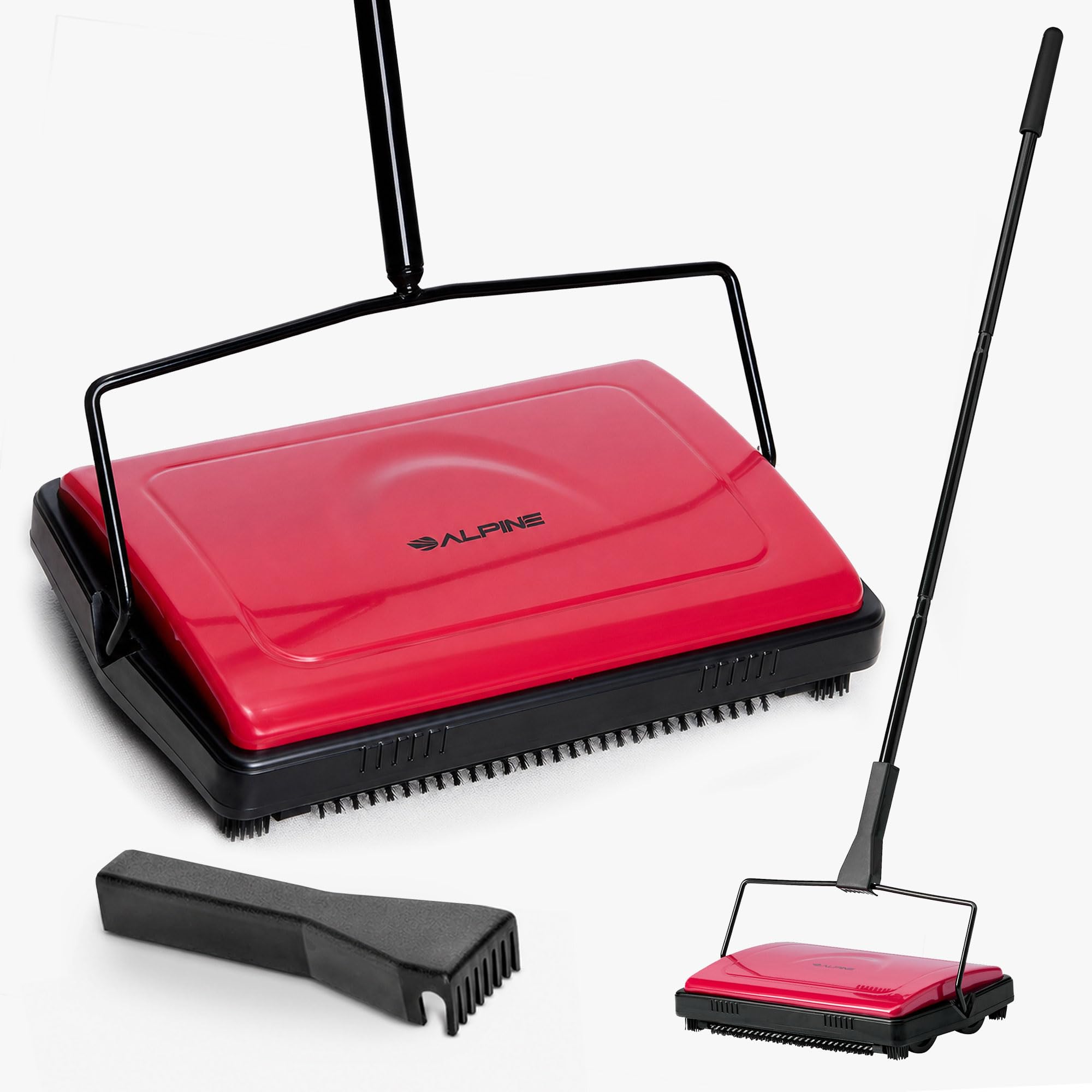 Alpine Manual Carpet Sweeper Triple Brush – Cordless Non Electric Multi-Surface Floor Brush Hardwood Floor Cleaner Easy Sweeping for Carpeted Floors (Improved Black)