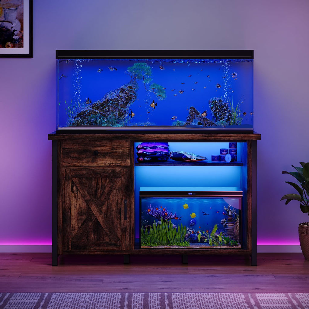 4ever2buy 55-75 Gallon Fish Tank Stand with Power Outlets, LED Light, Heavy Duty Aquarium Stand with Cabinet for Fish Tank Accessories Storage, for Turtle Tank, Reptile Terrarium, 1100LBS, Black