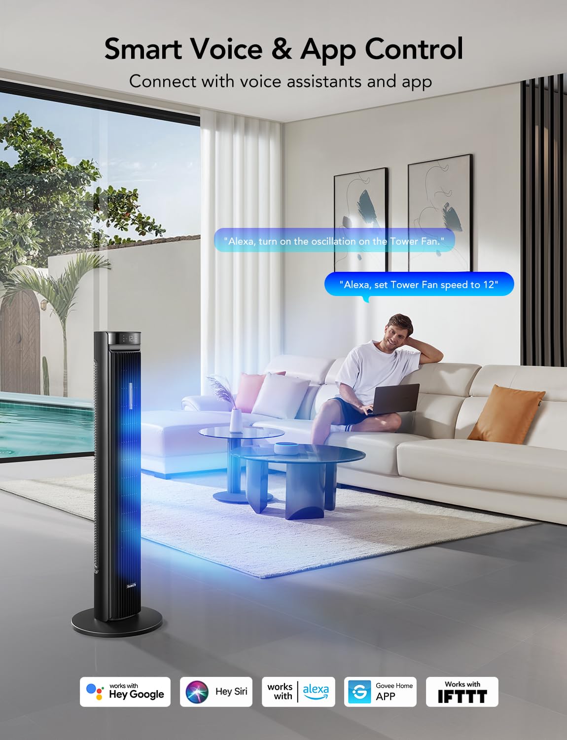 Goveelife 42'' Tower Fan for Bedroom, Smart Floor Fan with 150° Adjustable Oscillating, APP & Voice Control, 5 Modes 12 Speeds up to 26ft/s, 24H Timer, 27dB Quiet Fan for Cooling Home Office Black