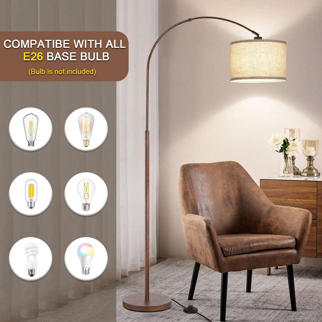 Rattan Floor Lamp, Arc Floor Lamps for Living Room, Farmhouse Standing Lamp with Adjustable Hanging Fabric Shade, Tall Pole Lamp with Foot Switch, Over Couch Arched Reading Light for Bedroom, Office