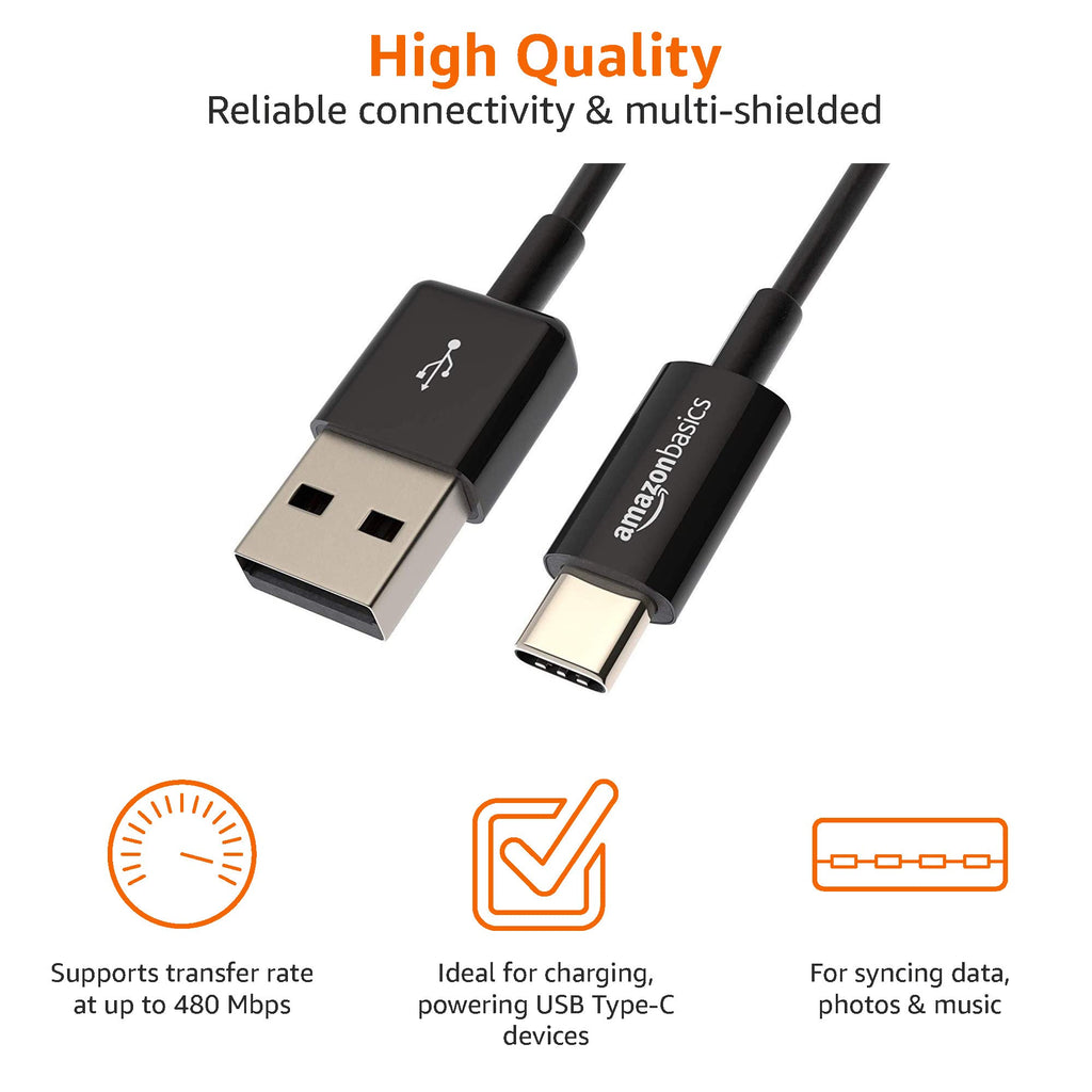 Amazon Basics USB-C to USB-A 2.0 Fast Charger Cable, 480Mbps Data Transfer Speed, USB-IF Certified, for Apple iPhone 16/15, iPad, Samsung Galaxy, Tablets, Car, 3ft, Black