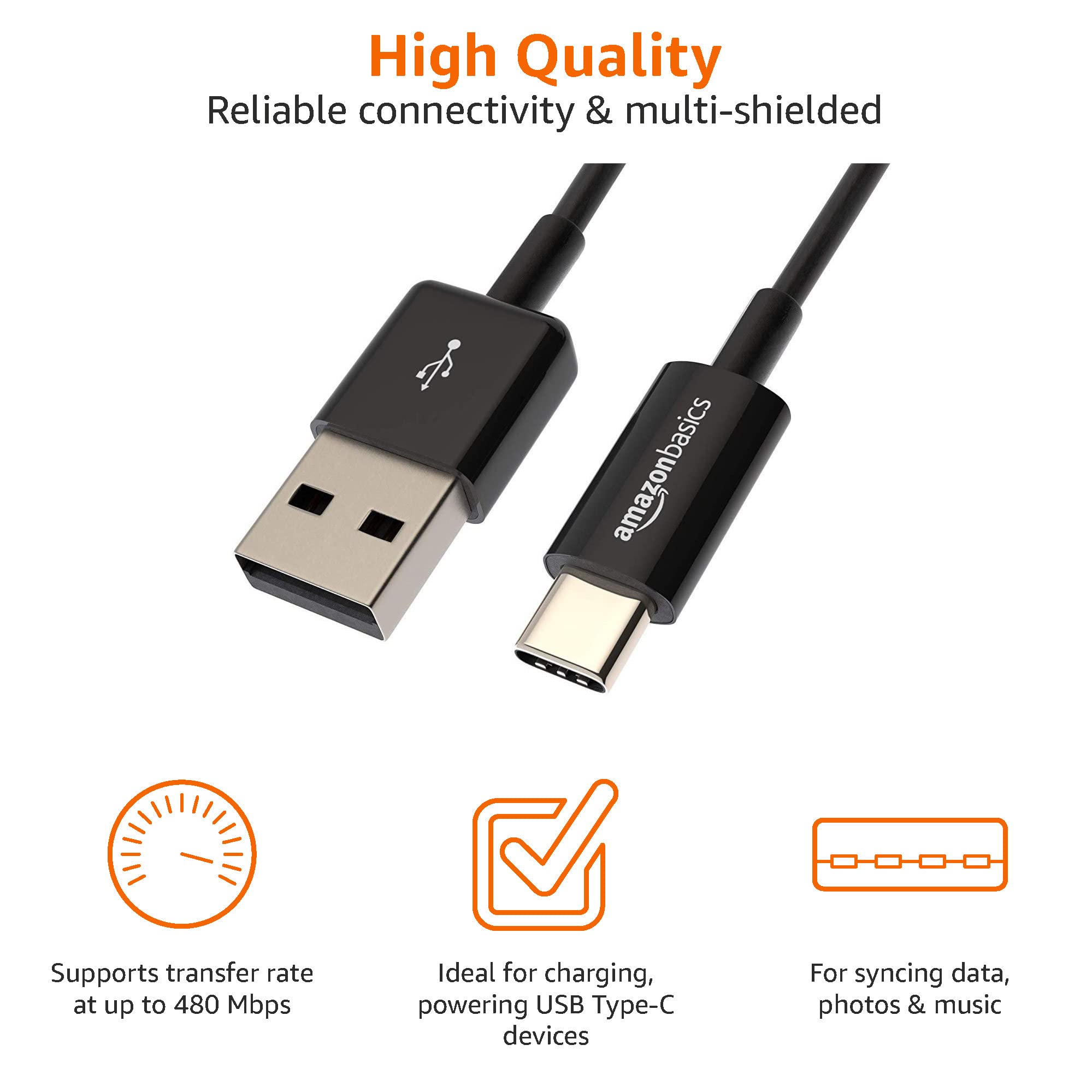 Amazon Basics USB-C to USB-A 2.0 Fast Charger Cable, 480Mbps Data Transfer Speed, USB-IF Certified, for Apple iPhone 16/15, iPad, Samsung Galaxy, Tablets, Car, 3ft, Black