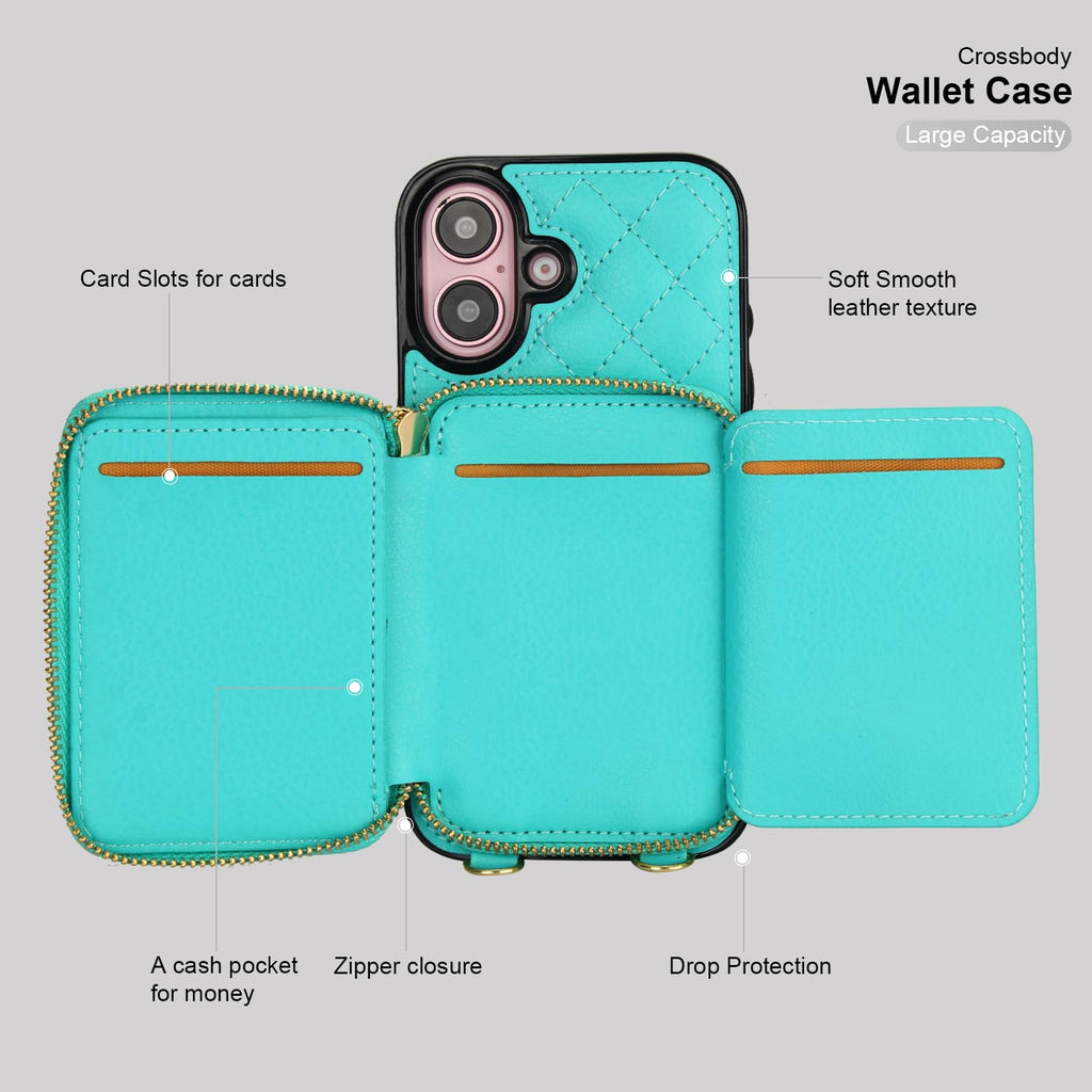 Bocasal Crossbody Wallet Case for iPhone 16, RFID Blocking PU Leather Zipper Handbag Purse Flip Cover, Kickstand Folio Case with Card Slots Holder Wrist Strap Lanyard 5G 6.1 Inch (Black)
