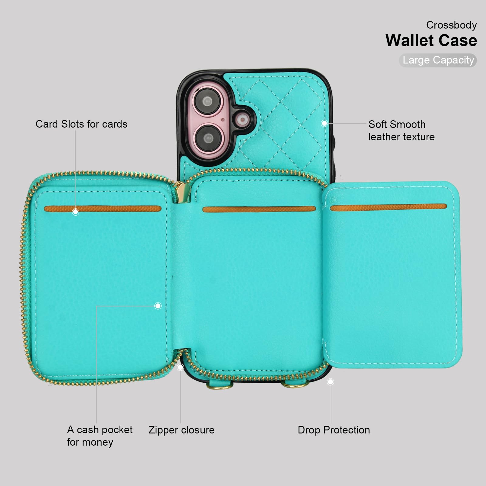 Bocasal Crossbody Wallet Case for iPhone 16, RFID Blocking PU Leather Zipper Handbag Purse Flip Cover, Kickstand Folio Case with Card Slots Holder Wrist Strap Lanyard 5G 6.1 Inch (Black)