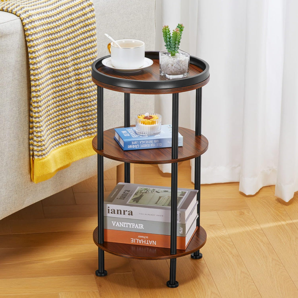Small Round Side Table with Charging Station for Small Spaces, 3-Tier Accent Table with USB Ports & Power Outlets, Sofa Corner Tea Table for Living Room Nightstand Bedroom Apartment (Black)
