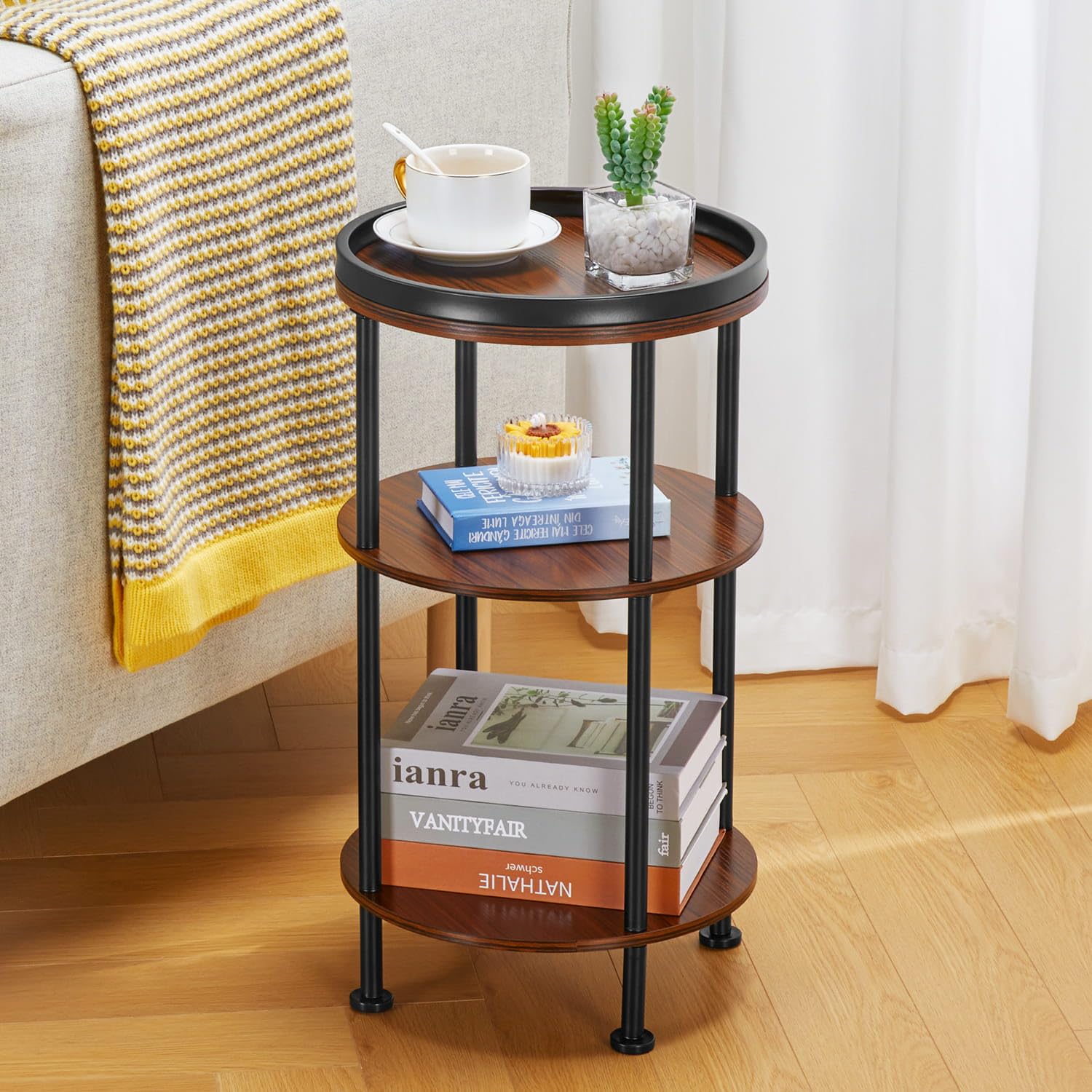 Small Round Side Table with Charging Station for Small Spaces, 3-Tier Accent Table with USB Ports & Power Outlets, Sofa Corner Tea Table for Living Room Nightstand Bedroom Apartment (Black)