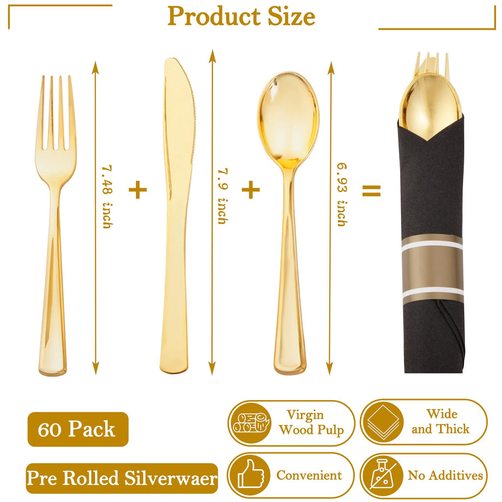 Supernal 60 Pack Pre Rolled Gold Plastic Silverware with Black Napkins - Heavy Duty Pre Wrapped Gold Cutlery Set Disposable - Elegant Plastic Forks, Spoons & Knives for Weddings, Parties, Catering