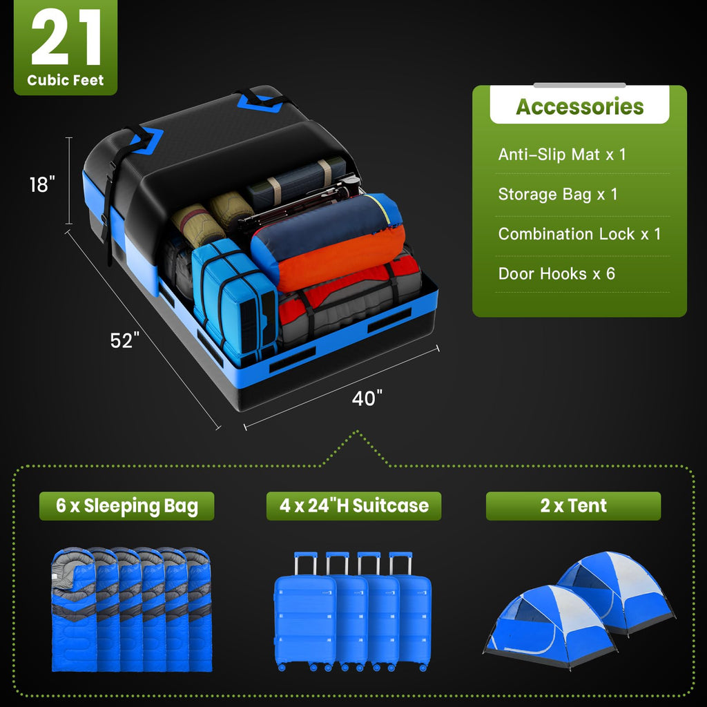 APTY Car Rooftop Cargo Carrier Bag, 16 Cubic Feet Soft Roof Top Luggage Bag for All Vechicles with/Without Racks - with Waterproof Zip, Anti-Slip Mat, Door Hooks, Luggage Lock, Storage Bag
