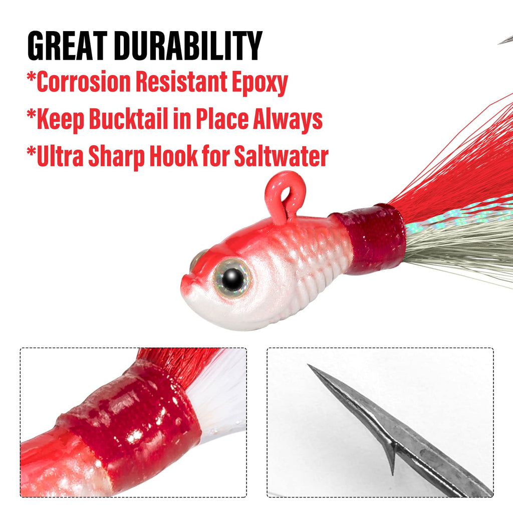 Dr.Fish 3 Pack Bucktail Jig Lure Hair Jig Saltwater Freshwater Lures Surf Fishing Bass Flounder Striper Bluefish Halibut Redfish
