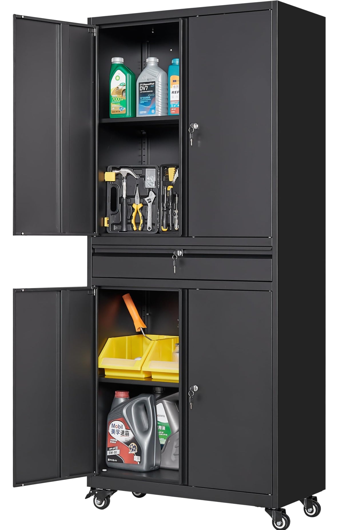 SISESOL Wide & Deep Metal Storage Cabinet with Wheels,Tall Rolling Garage Storage Cabinet with Lock,Black Metal Cabinets with Pegboards and Shelves,Tool Locker for Garage,Home,Office,43''Wx 20''Dx71"H