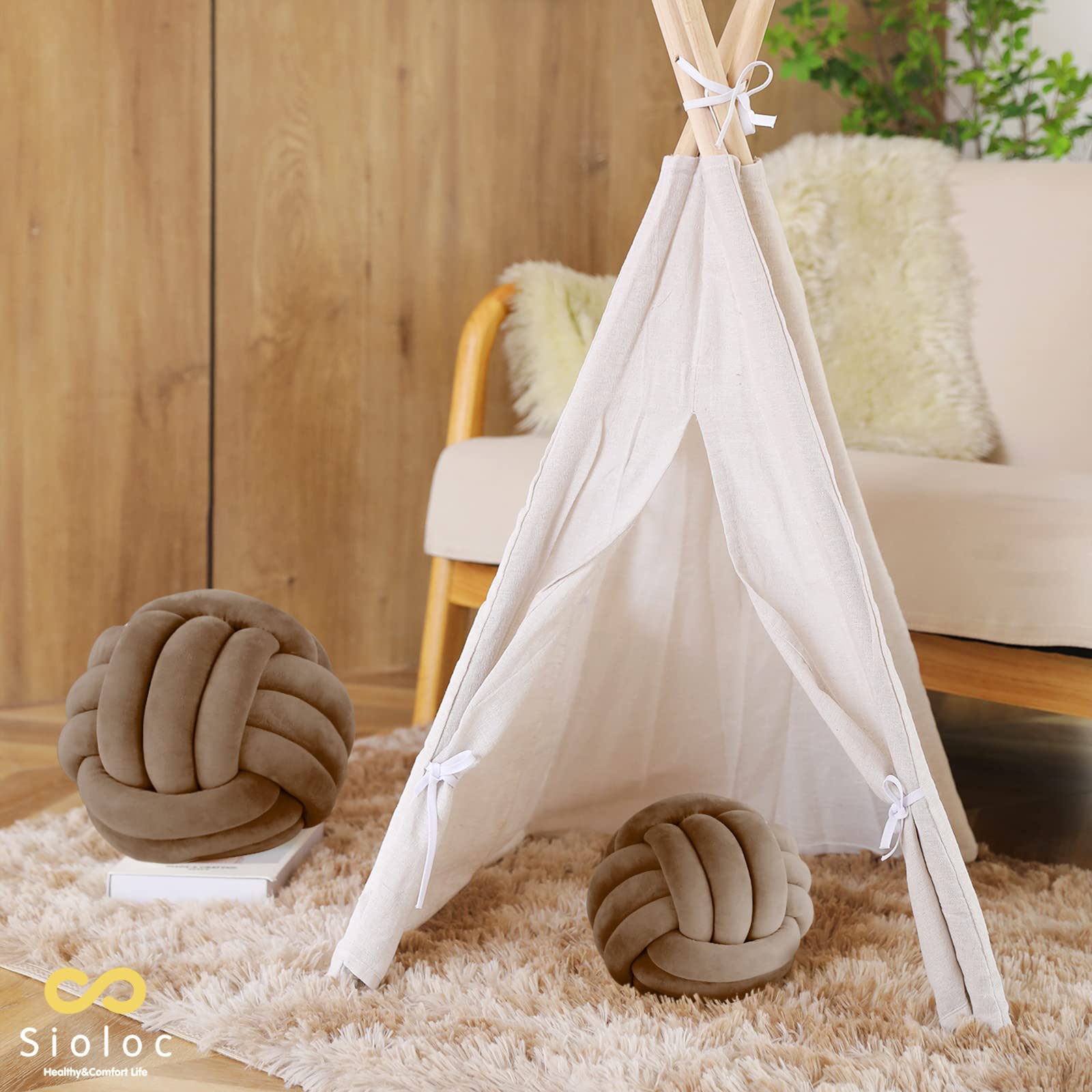 Sioloc Soft Knot Ball Pillows,Round Throw Pillow Cushion Home Decoration Plush Pillow,Throw Knotted Pillow Handmade Round Pillow（7.8inches,Beige）