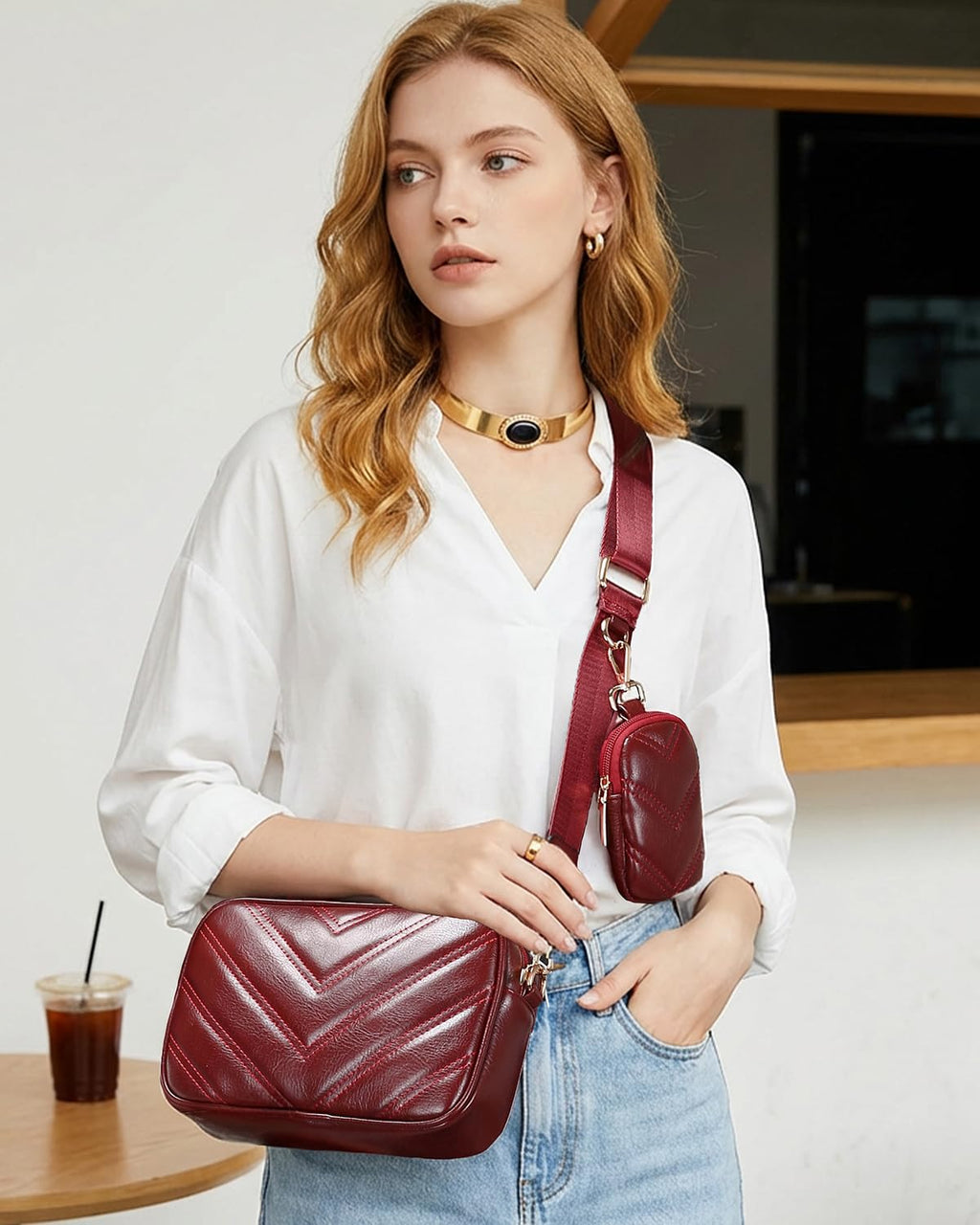 Herald Chevron Quilted Small Crossbody Bag with Coin Purse Pouch, Women Square Camera Side Shoulder 2 Size Handbags | Chevron