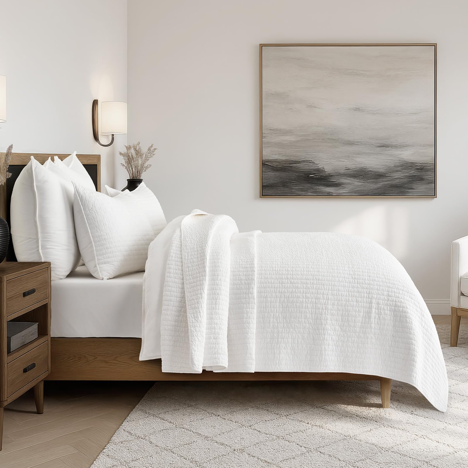 EVERGRACE Cotton Border Frame Tack-Stitch Quilt Bedding Set Queen Size, Coastal Oversized 3 Pieces Lightweight Bedspread Coverlet for All Season, with 2 Matching Shams, Blue Linen