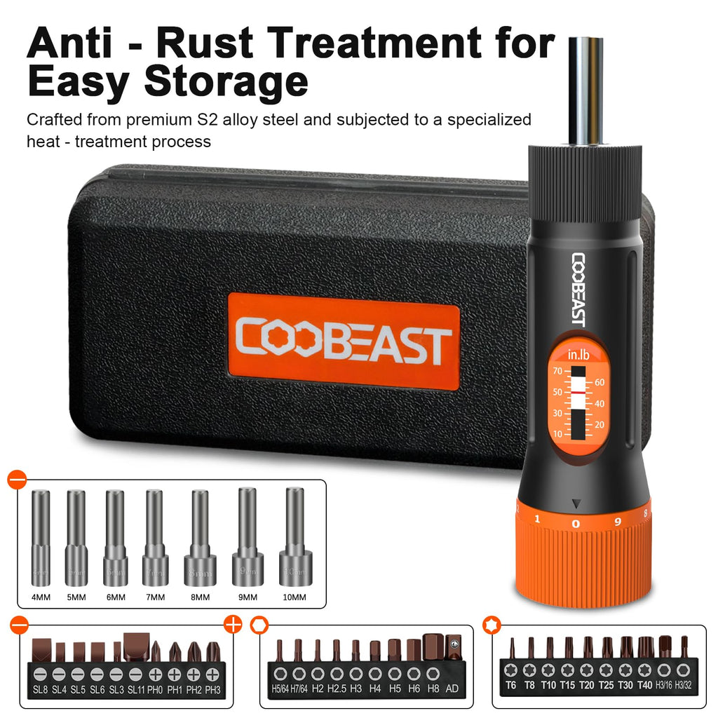 coobeast 13Pcs Preset Torque Screwdriver with S2 Bits, 1/4” Drive Torque Wrench Screwdriver Set for Maintenance, Tools, Bike Repairing and Mounting, Inch Pound Torque Range 10-70 In-lb