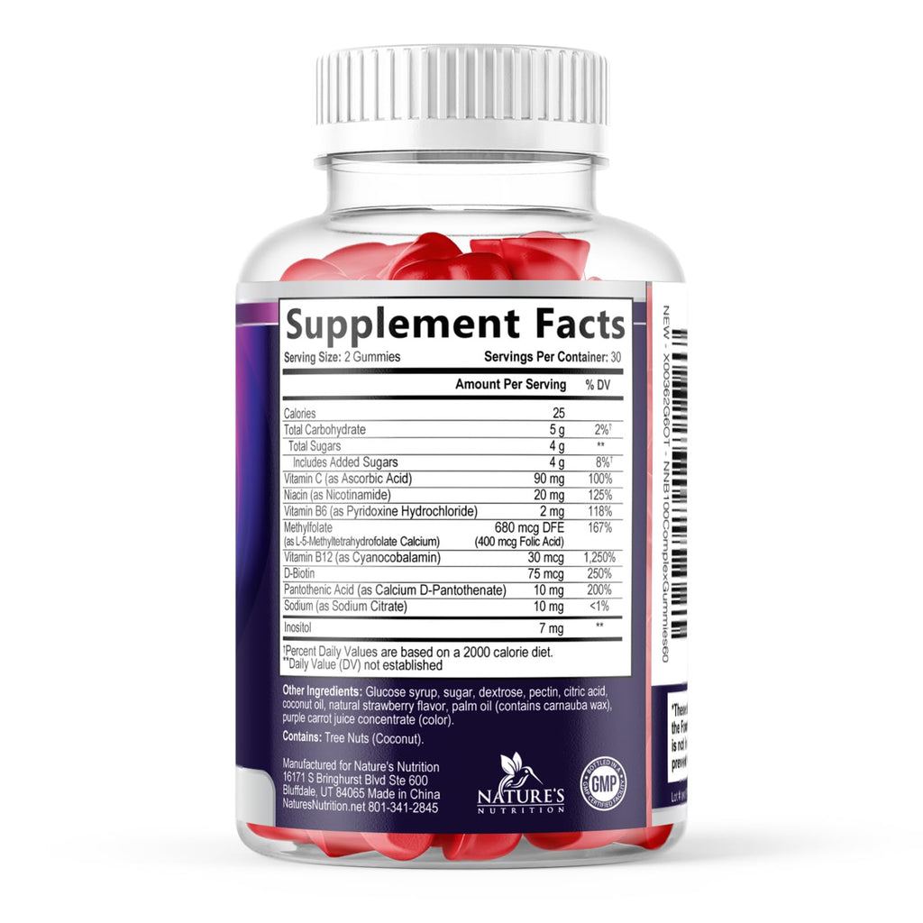 Vitamin B Complex Gummies - Extra Strength Super B Vitamin Gummy with Vitamin C, Immune Support for Men & Women - Energy and Brain Support Supplements with Folic Acid, Niacin, B6, B12 - 60 Gummies