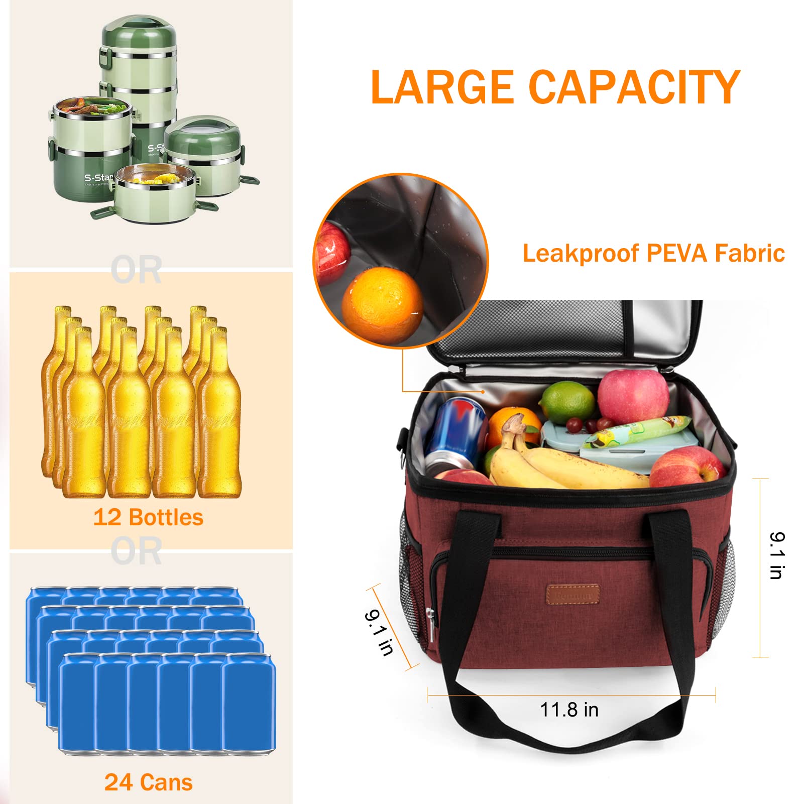 Femuar Lunch Bags for Women/Men, Insulated Lunch Bag for Work Office Picnic - Large Lunch Cooler Bag Leakproof Lunch Box with Adjustable Shoulder Strap for Adults - Grey (15L)