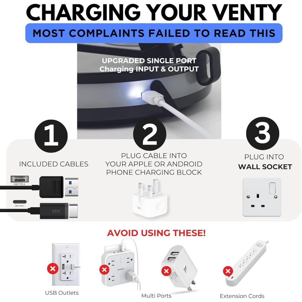 VENTY Portable Fan - Wireless Battery Operated Fan - 4 Speeds - LED Lighting - Carry Case & Remote Control - Cruise Travel - Outdoor Travel RV Power Bank With USB-C Port (Black with Case)