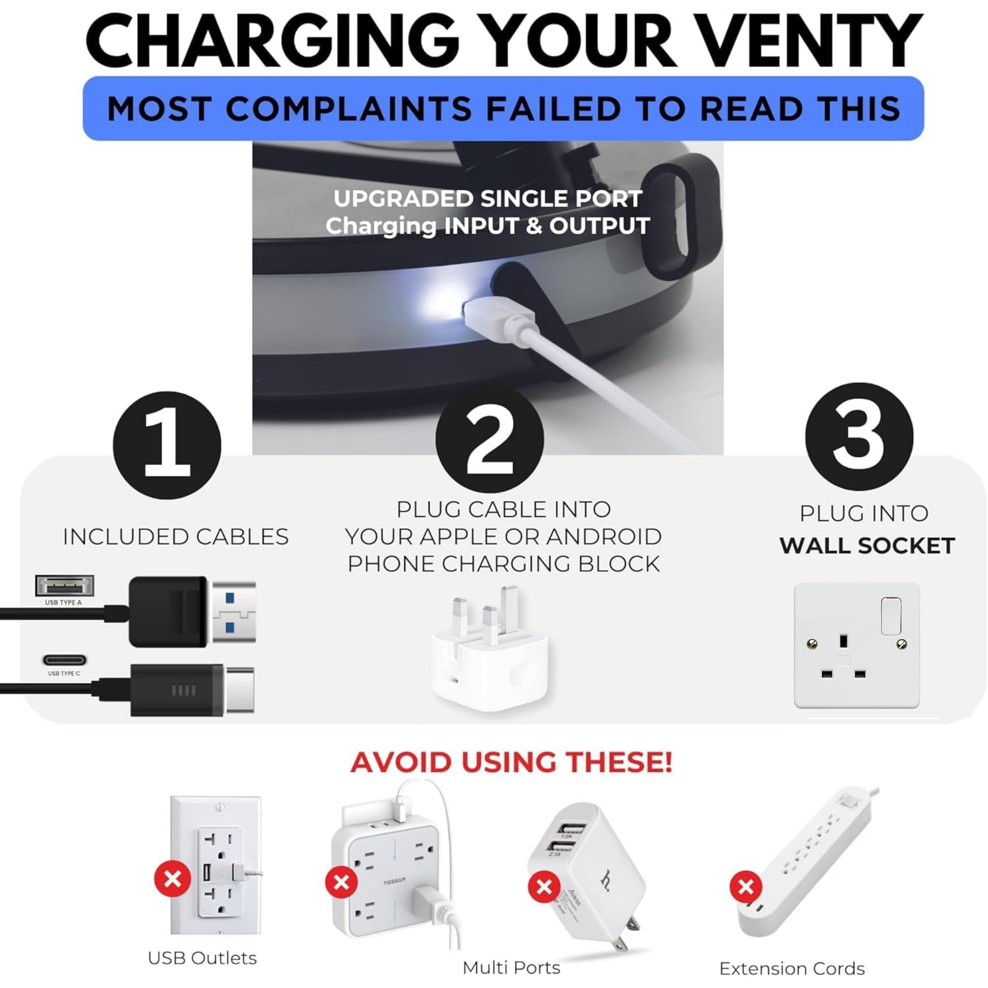 VENTY Portable Fan - Wireless Battery Operated Fan - 4 Speeds - LED Lighting - Carry Case & Remote Control - Cruise Travel - Outdoor Travel RV Power Bank With USB-C Port (Black with Case)