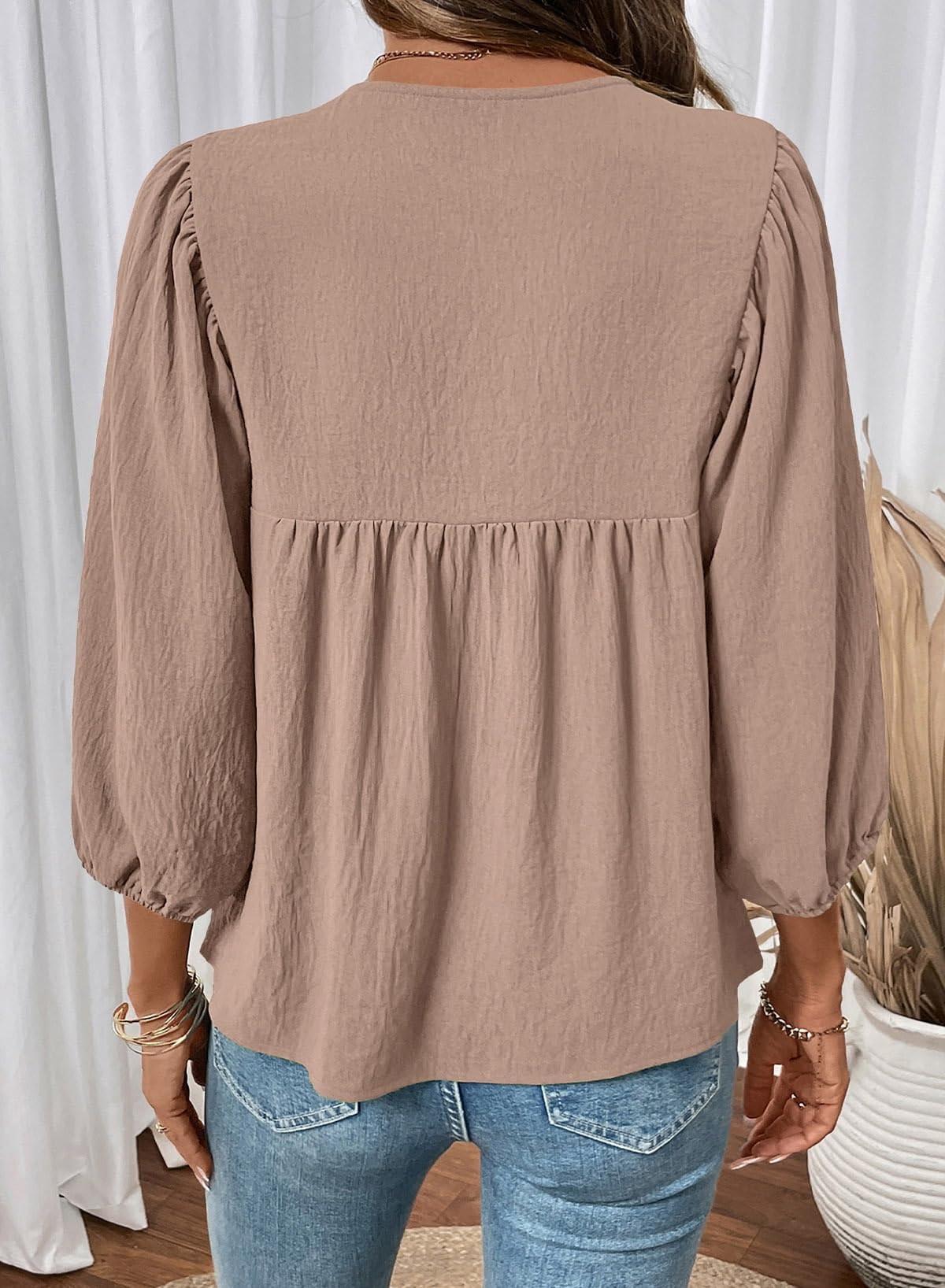 SHEWIN Womens Tops 3/4 Sleeves Blouse Babydoll Dressy Casual Top Elegant Bow Tie Loose Ladies Shirts 2026