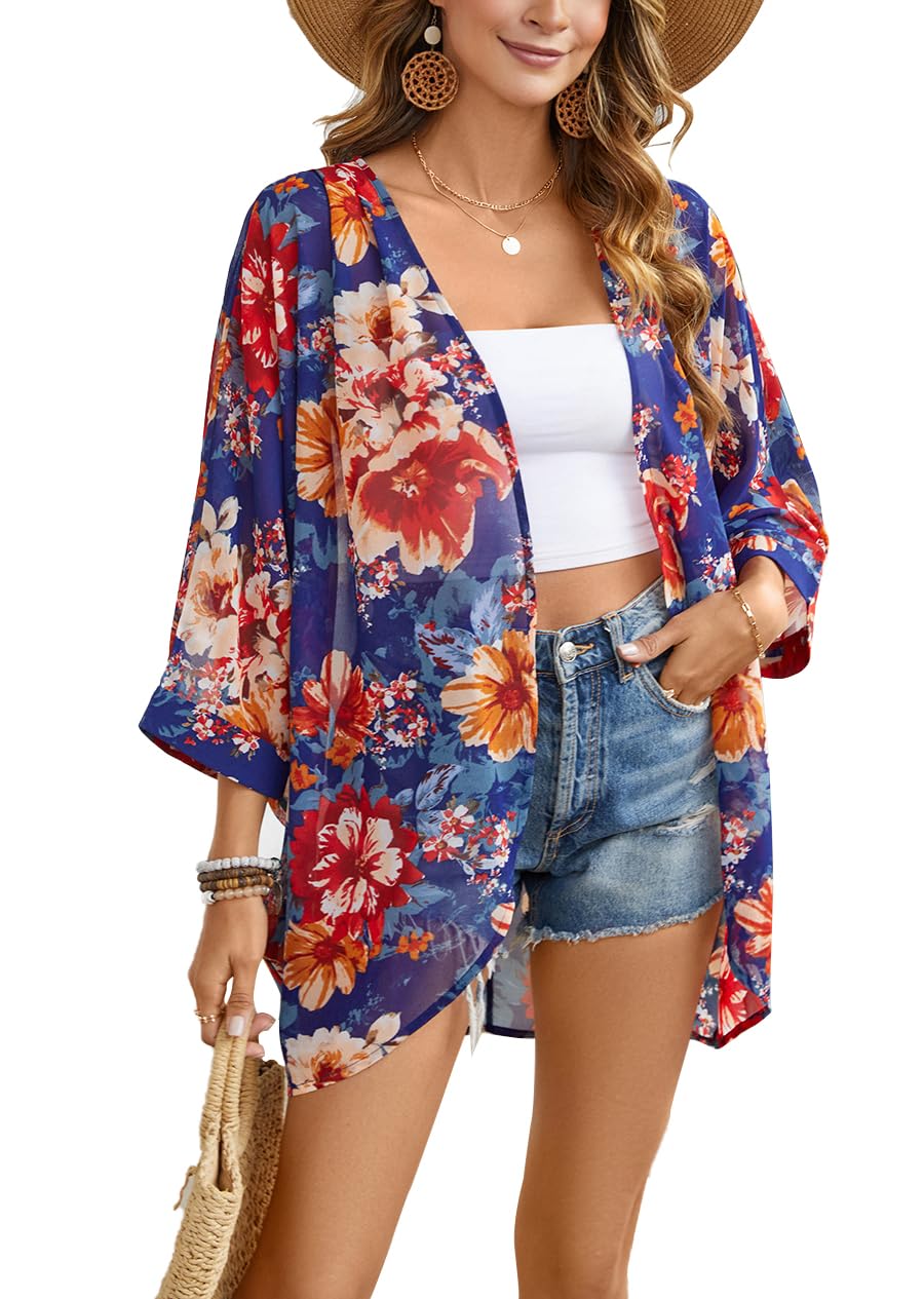 olrain Women's Floral Print Sheer Chiffon 3/4 Bat Sleeve Casual Loose Kimono Cardigan Capes
