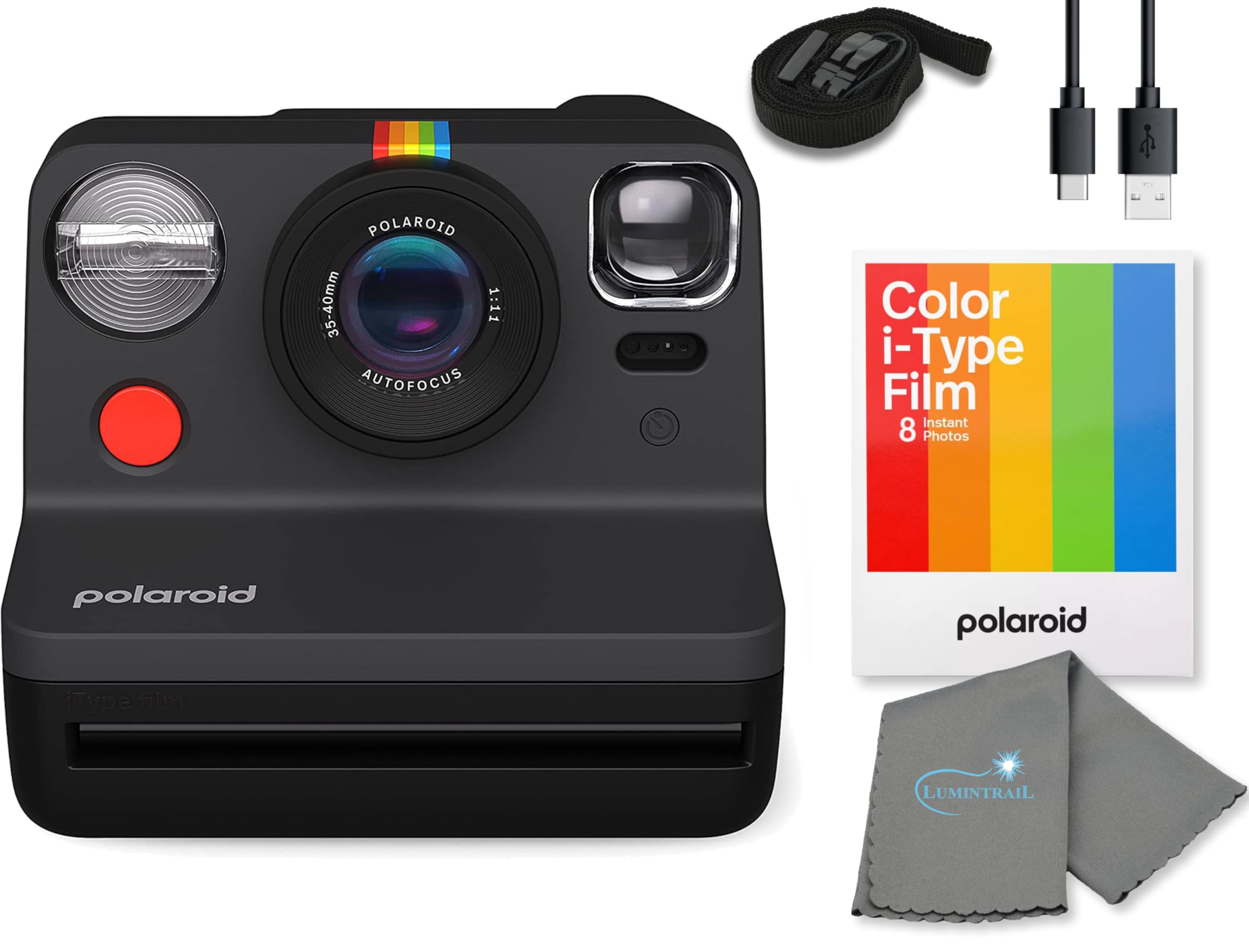 Polaroid Gen 2 Now I-Type Instant Film Camera - Black & White Bundle with a Color i-Type Film Pack (8 Instant Photos) and a Cleaning Cloth