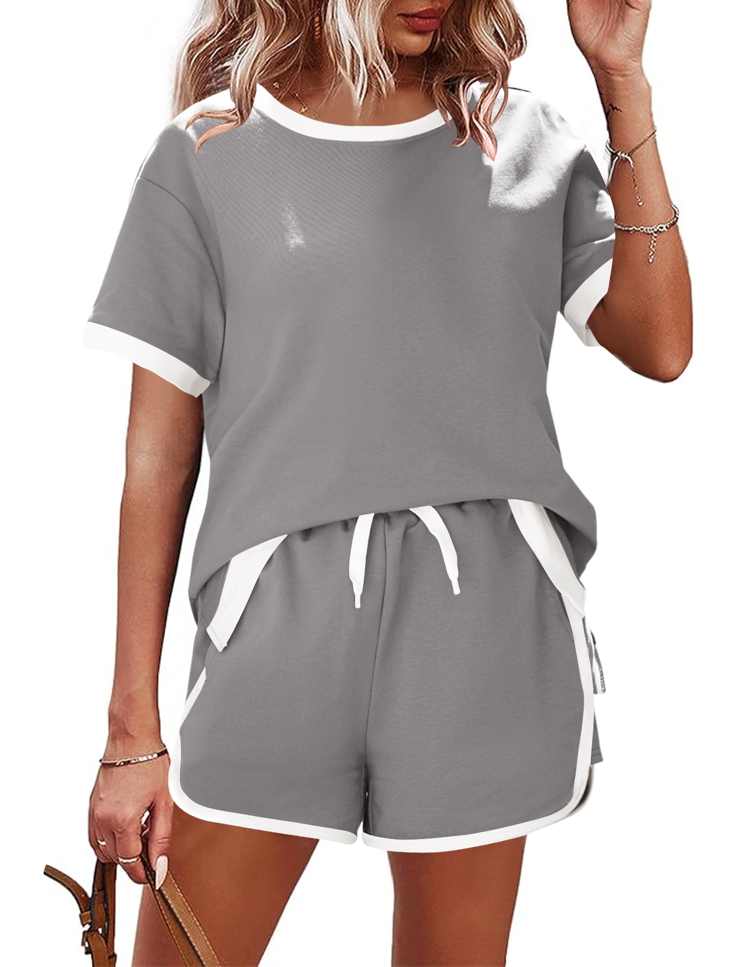 AKEWEI Shorts Sets Women 2 Piece Outfits Casual Short Sleeve Crewneck Tops and Drawstring Shorts Color Block Sets
