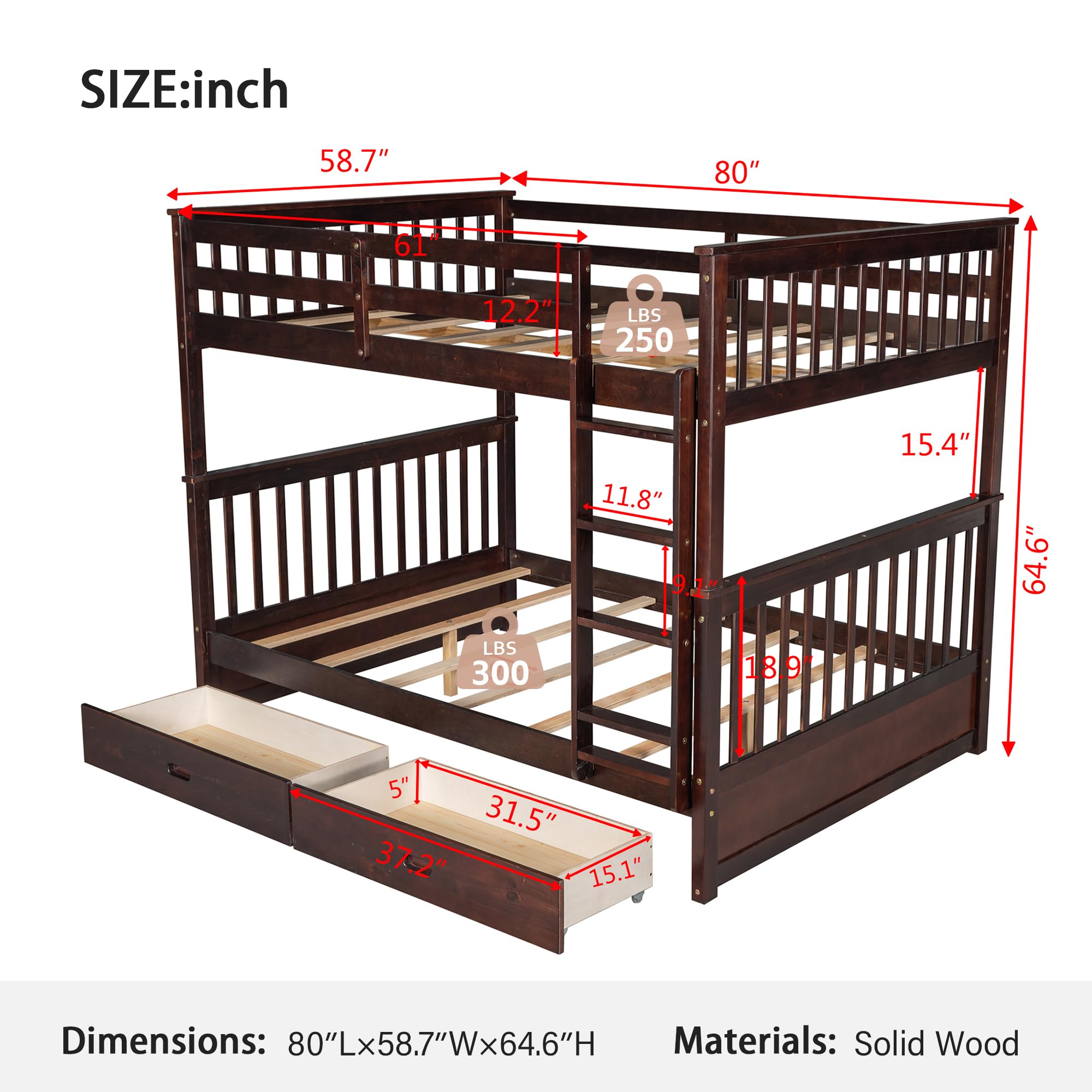 Merax Wood Bunk Bed with Two Drawers,Convertible Wood Bunk Bed with Ladders and Two Storage Drawers,Solid Wood Detachable Bed Frame with Ladders, Twin Over Full Size, Espresso