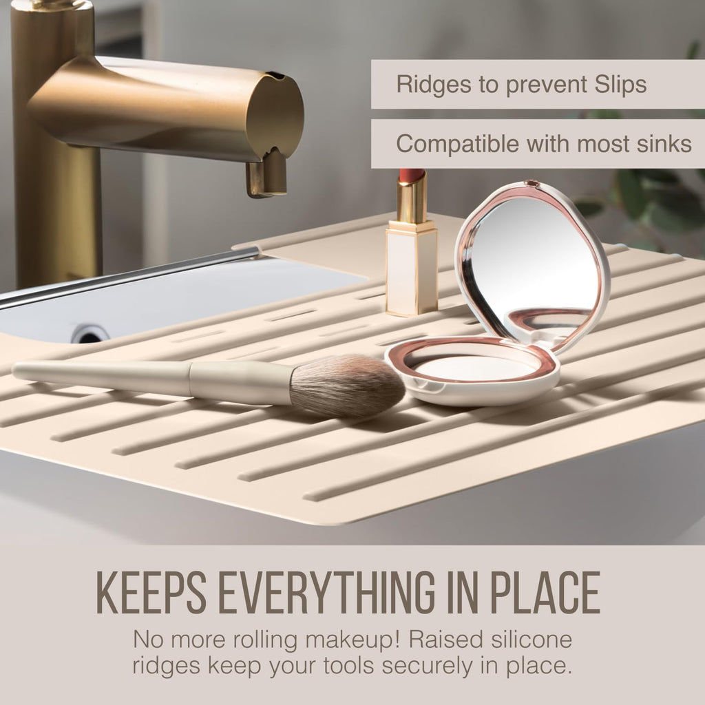 Maplefield Bathroom Sink Cover for Counter Space, Heat Resistant Silicone Sink Mat for Your Beauty Routine, Small Bathroom Space Saver Sink Cover for Makeup (Beige Large, 22" x 15" x 2" Inches)