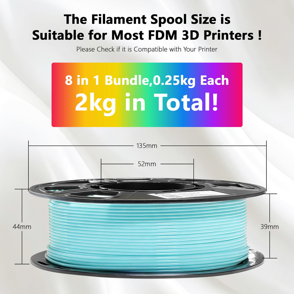 1.75mm PLA 3D Printer Filament Bundle: Glow in Dark Green/Blue/Purple/Rainbow, One Spool Clear Multi Colored, Each Spool 250g, Total 1.25Kg 3D Printing Material, 250g x 5 Spools Glow in Dark PLA