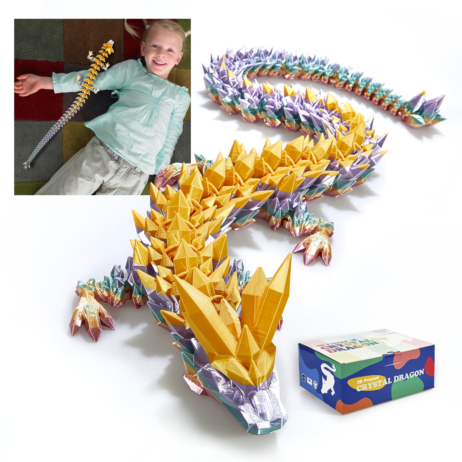 24" Large 3D Printed Dragon - Huge Articulated Crystal Dragon Fidget Toy, Giant Flexible 3D Dragon Figure, Birthday Gift for Boys Girls Kids & Collectors, Home Office Executive Desk Decor