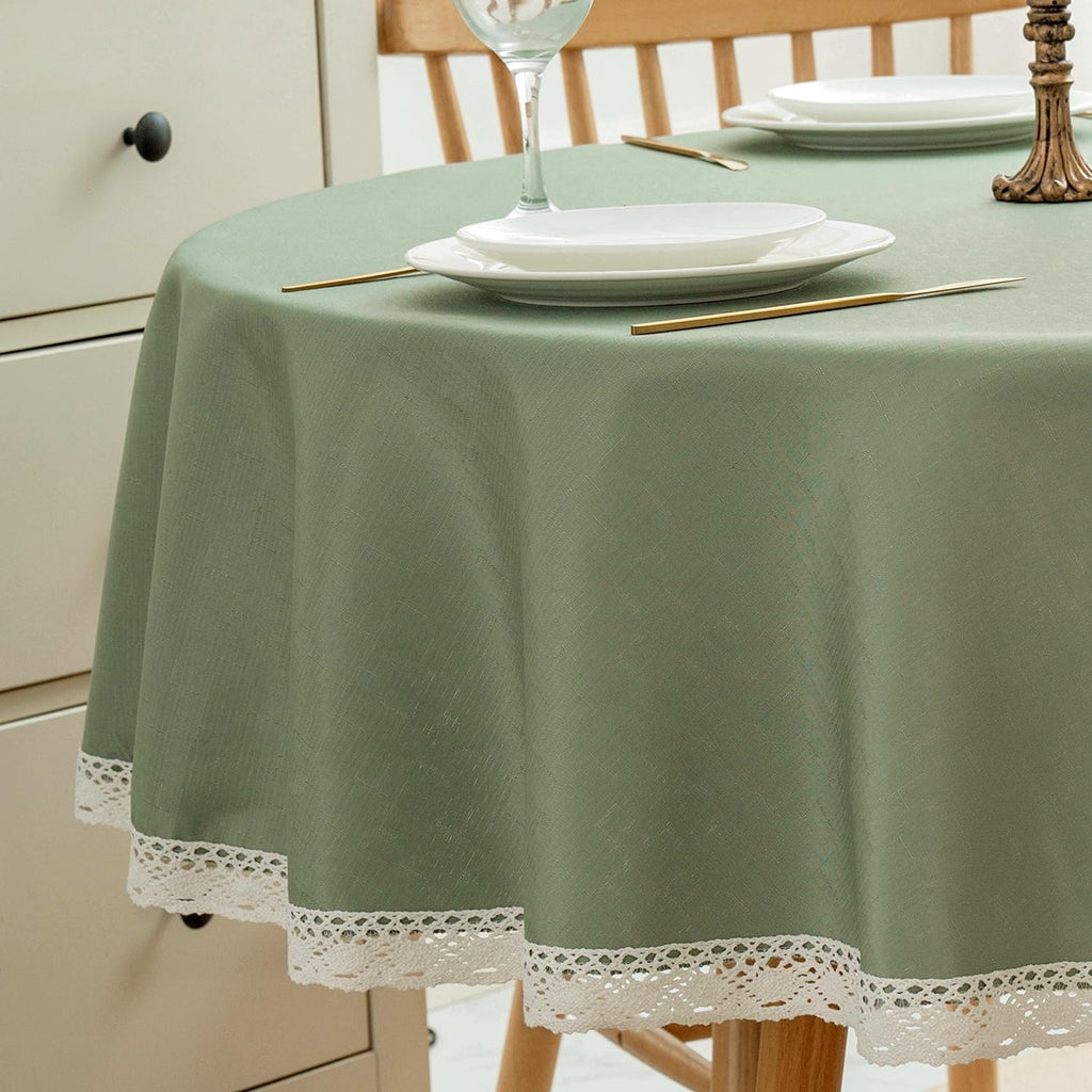 EHouseHome Faux Linen Tablecloth with Lace Trim - Waterproof/Spill Proof/Stain Resistant/Wrinkle Free/Oil Proof - for Banquet, Parties,Dinner,Kitchen,Wedding,Holiday,Blue Fog,Square 52X52Inch