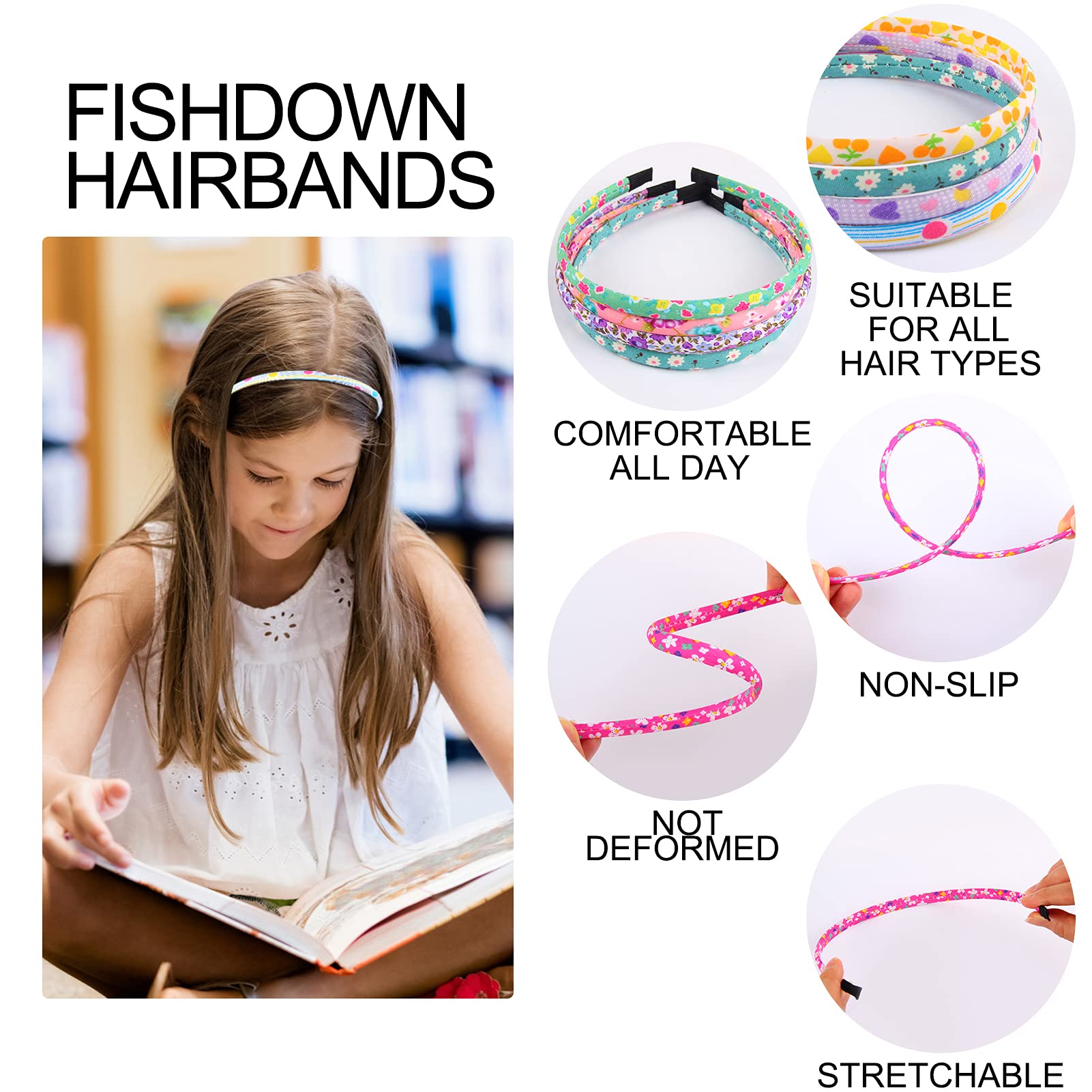 Fishdown Headbands for Girls 12Pcs Thin Head Bands for Girls Hairbands for Toddler Floral Cloth Fabric Covered Headband Birthday Party Favors