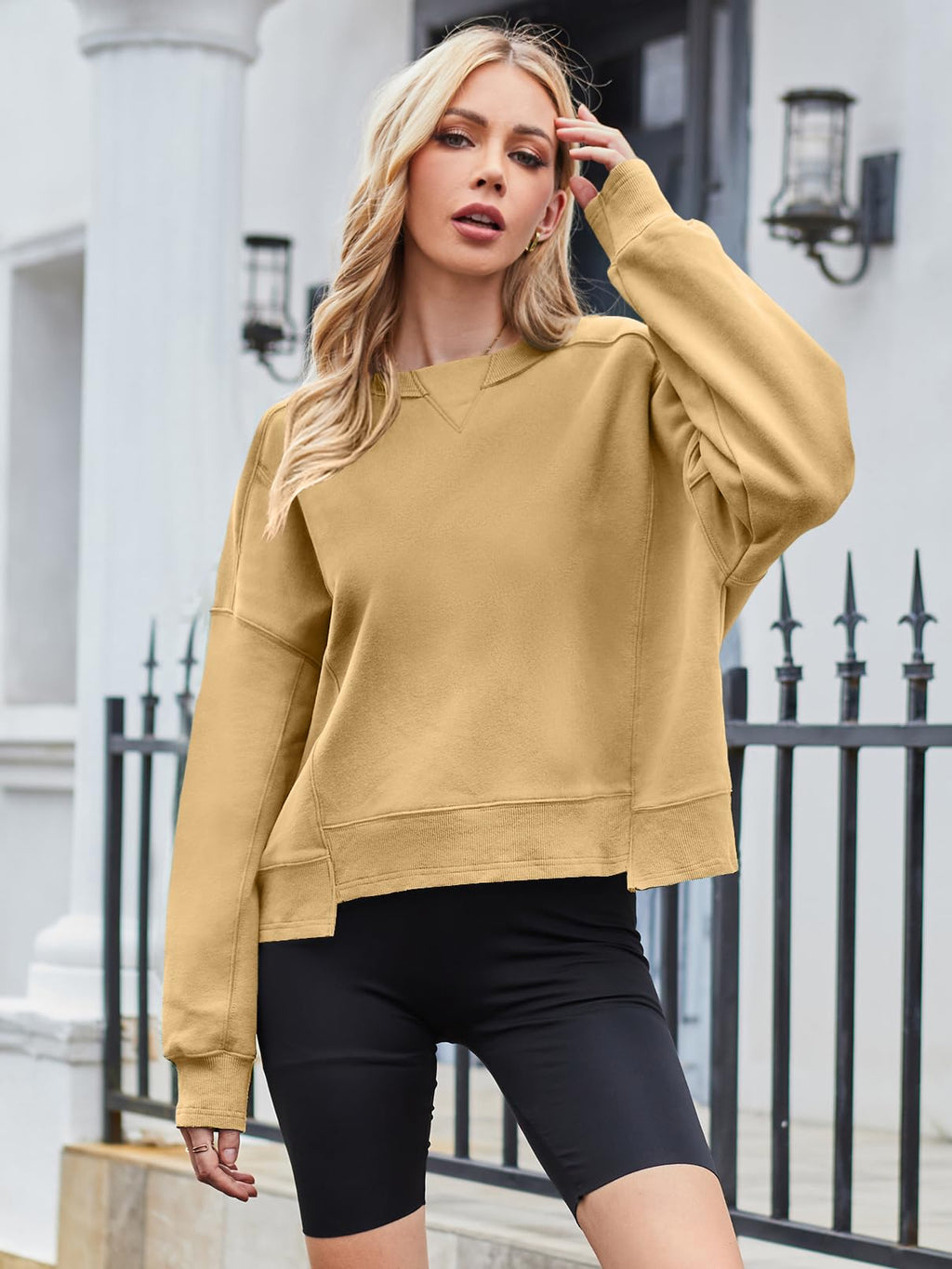 MEROKEETY Women's Oversized Cropped Sweatshirts Crewneck Trendy Workout Pullover Sweater Fall Outfits