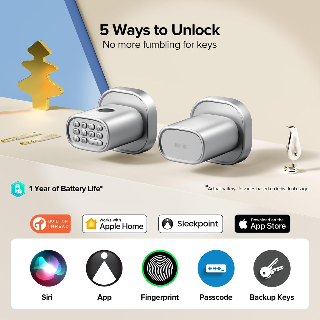 ThorBolt Fingerprint Door Lock with Keypad Door Knob, HomeKit Lock Over 𝗧𝗛𝗥𝗘𝗔𝗗, HomeKit Hub 𝗥𝗲𝗾𝘂𝗶𝗿𝗲𝗱, 𝗶𝗢𝗦 𝗢𝗡𝗟𝗬 Smart Lock for Interior Door, Bedroom, Office, MK1 Black