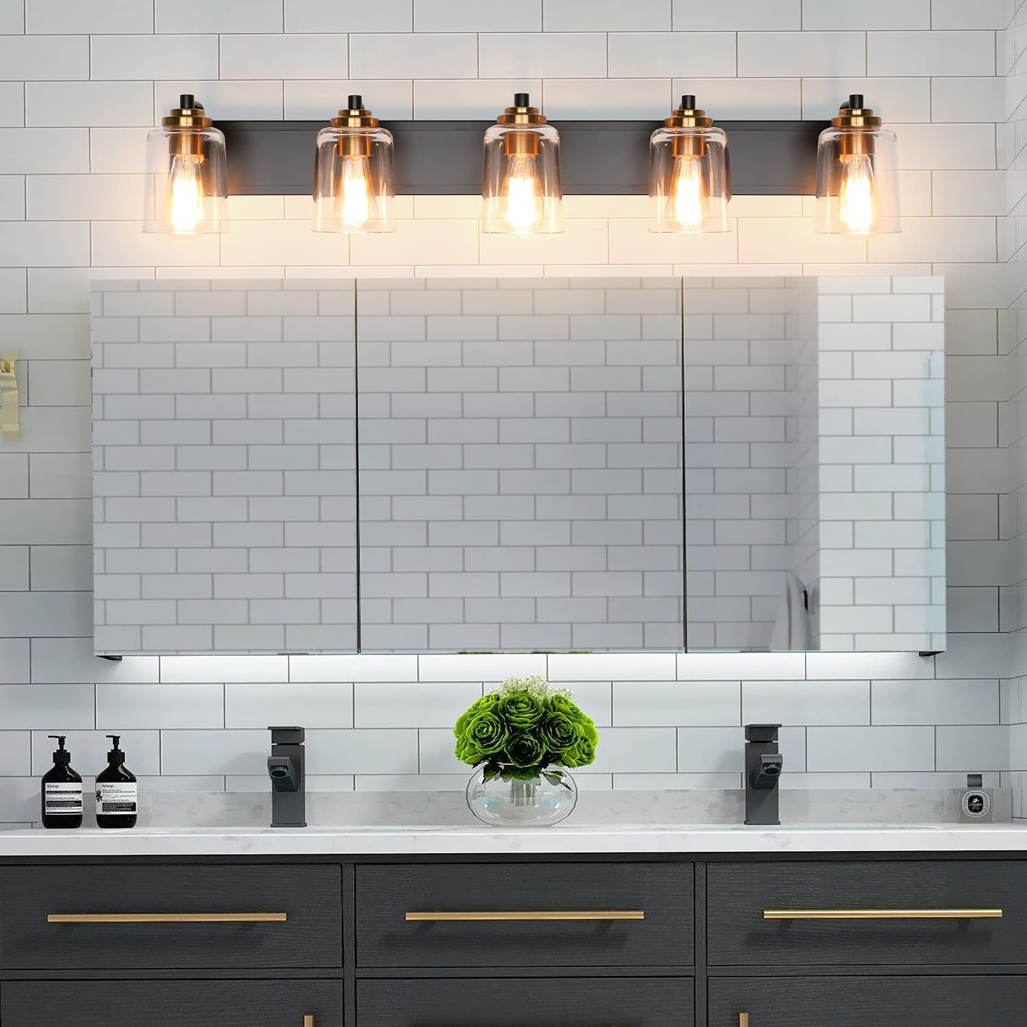 SOLFART 20.1 Inch Black Vintage Bathroom Vanity Light Fixtures Fixtures with Modern Glass Globe Shade Metal Brass Wall Lamp 2 Lights