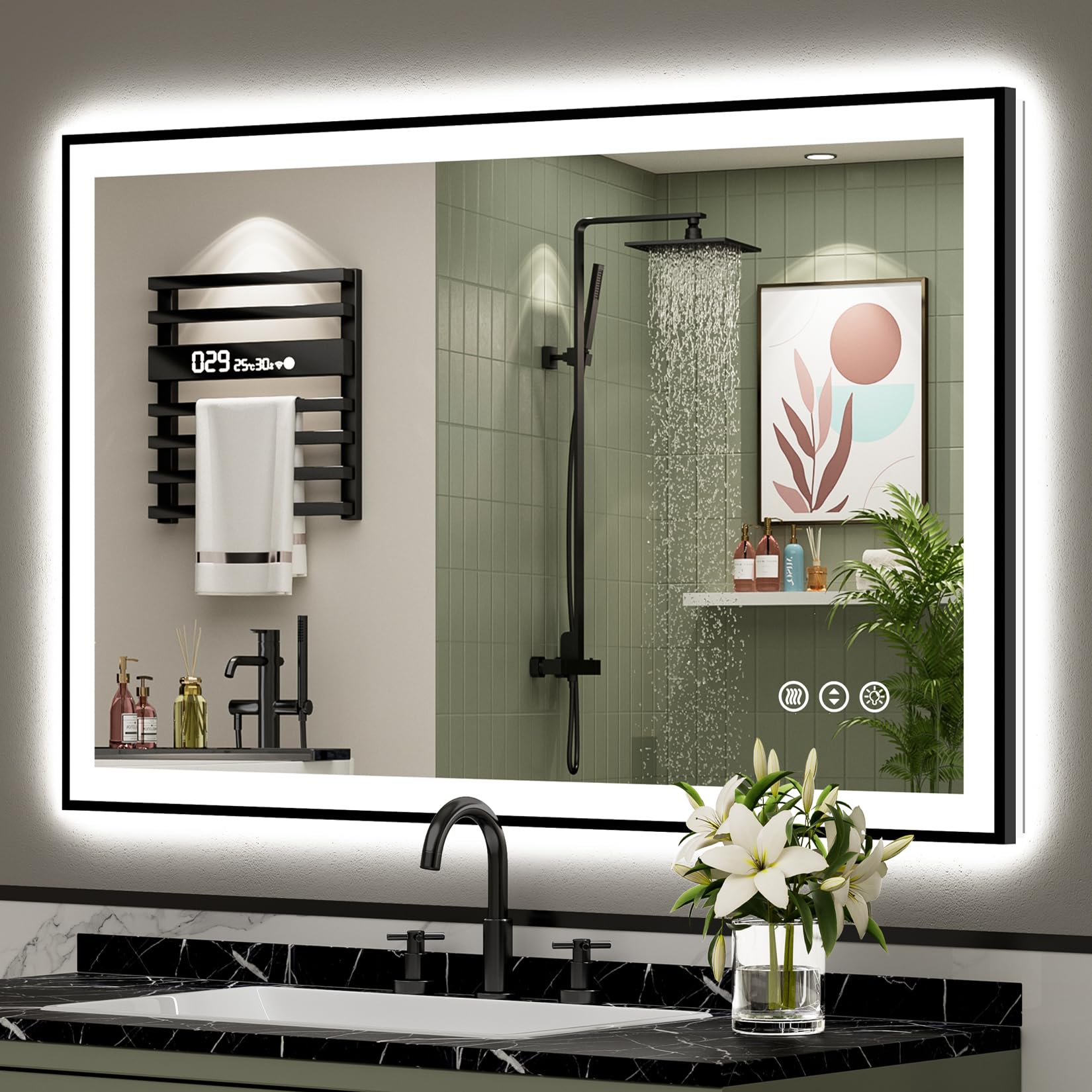 24x32 Black Framed LED Bathroom Mirror with Lights, Backlit and Front Lit Anti-Fog Lighted Vanity Mirrors for Bathroom Wall, Dimmable, 3 Colors, Memory, HD Tempered Glass, Horizontal/Vertical