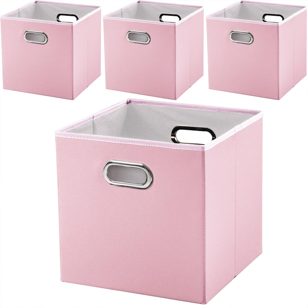 PRANDOM Leather Foldable Cube Storage Bins 11x11 inch [4-Pack] Fabric Storage Baskets Cubes Drawer with Cotton Handles Organizer for Shelves Nursery Closet Bedroom Clothes Black