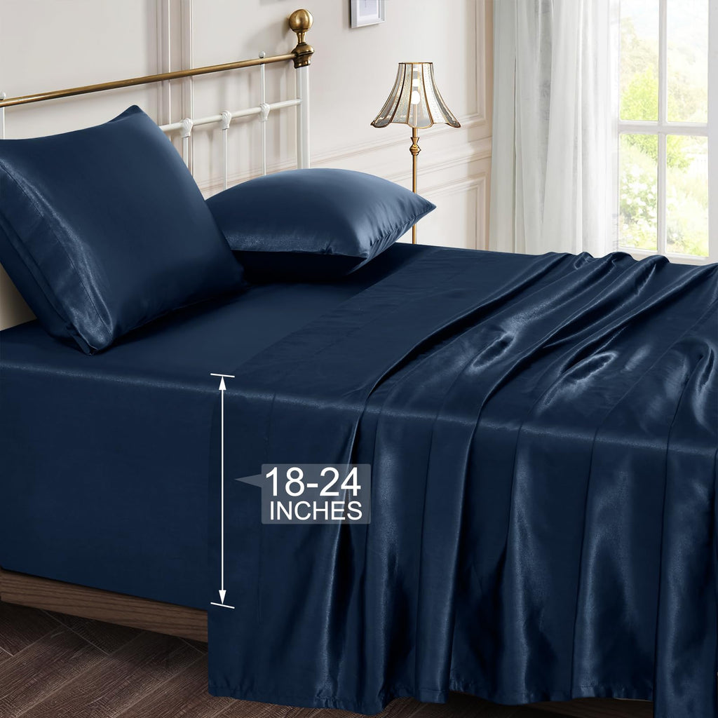 Vonty Extra Deep Pocket Full Sheet Sets - Cooling & Silky Satin Full Size Sheets with 18-24 Inch Deep Pocket, Black Satin Bed Sheets Fit Up to 24" Deep Mattress - 4 Piece Set