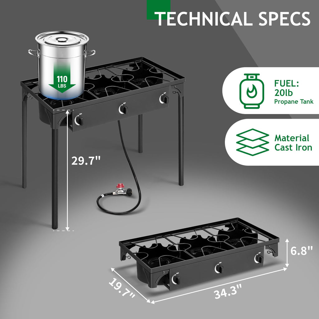 Outvita 2 Burner Propane Gas Stove for Outdoor Cooking, 150,000 BTU Camping Cooker with Removable Legs, Temperature Control Knobs for Backyard Cooking, BBQ, Baking and Frying