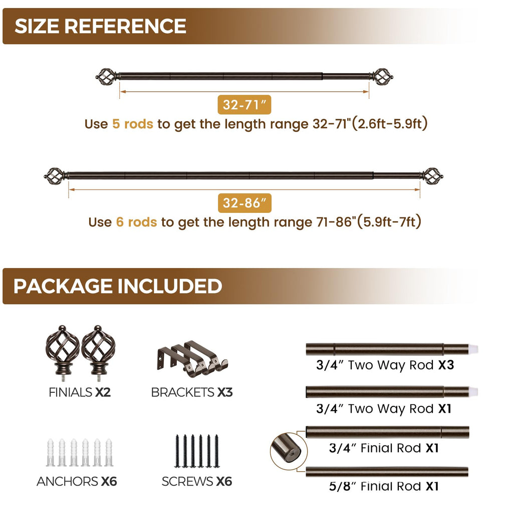 KAMANINA Silver Curtain Rod 32 to 58 Inch(2.6-4.8ft), Adjustable Curtain Rods for Windows 28 to 48 Inch, 3/4 Inch Splicing Drapery Rods with Twisted Cage Finial
