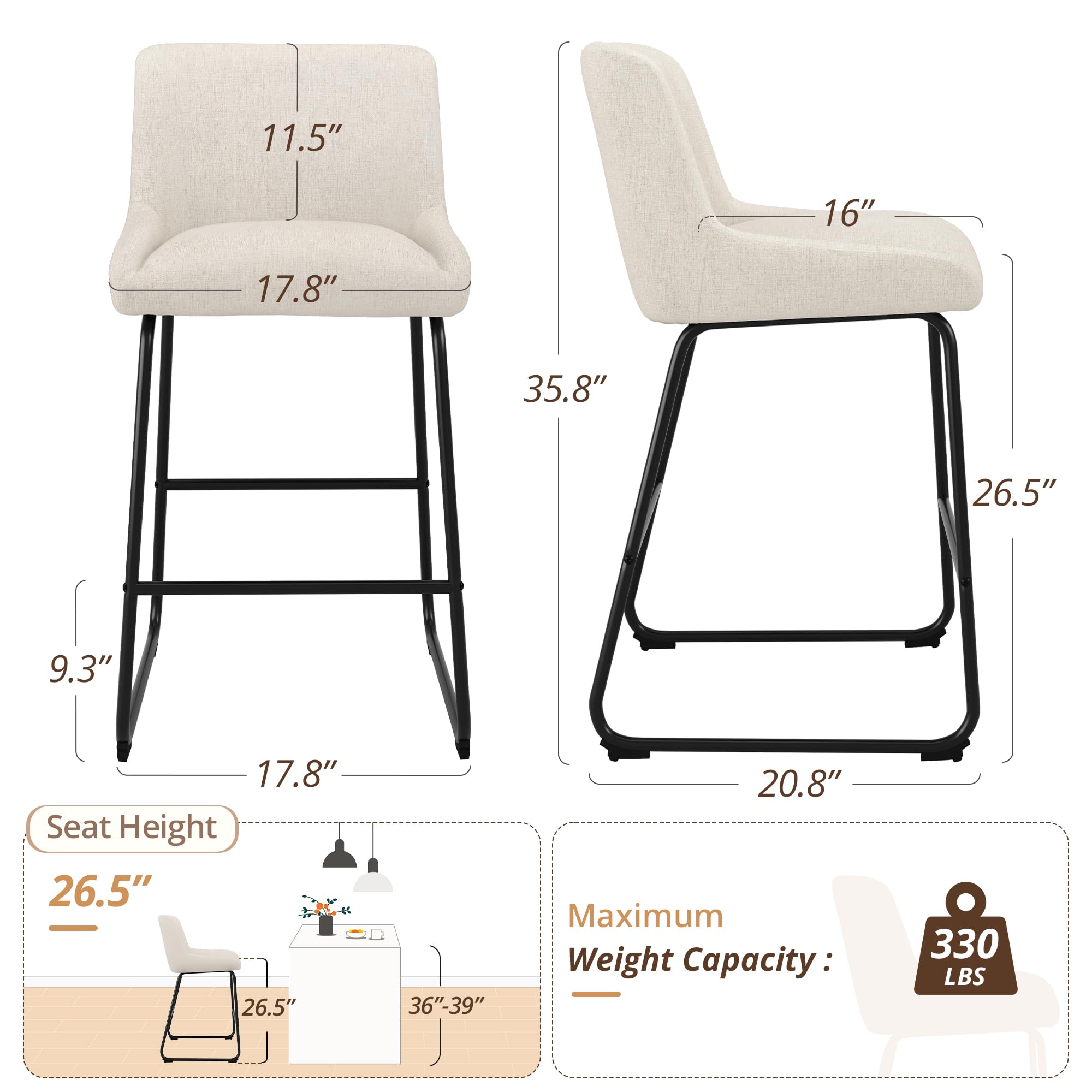 LUE BONA 26 Inch Counter Height Bar Stools Set of 2, Faux Leather Upholstered Barstools, Barstool with Back, Comfortable Bar Chairs, Modern Counter Stools for Kitchen Counter Island