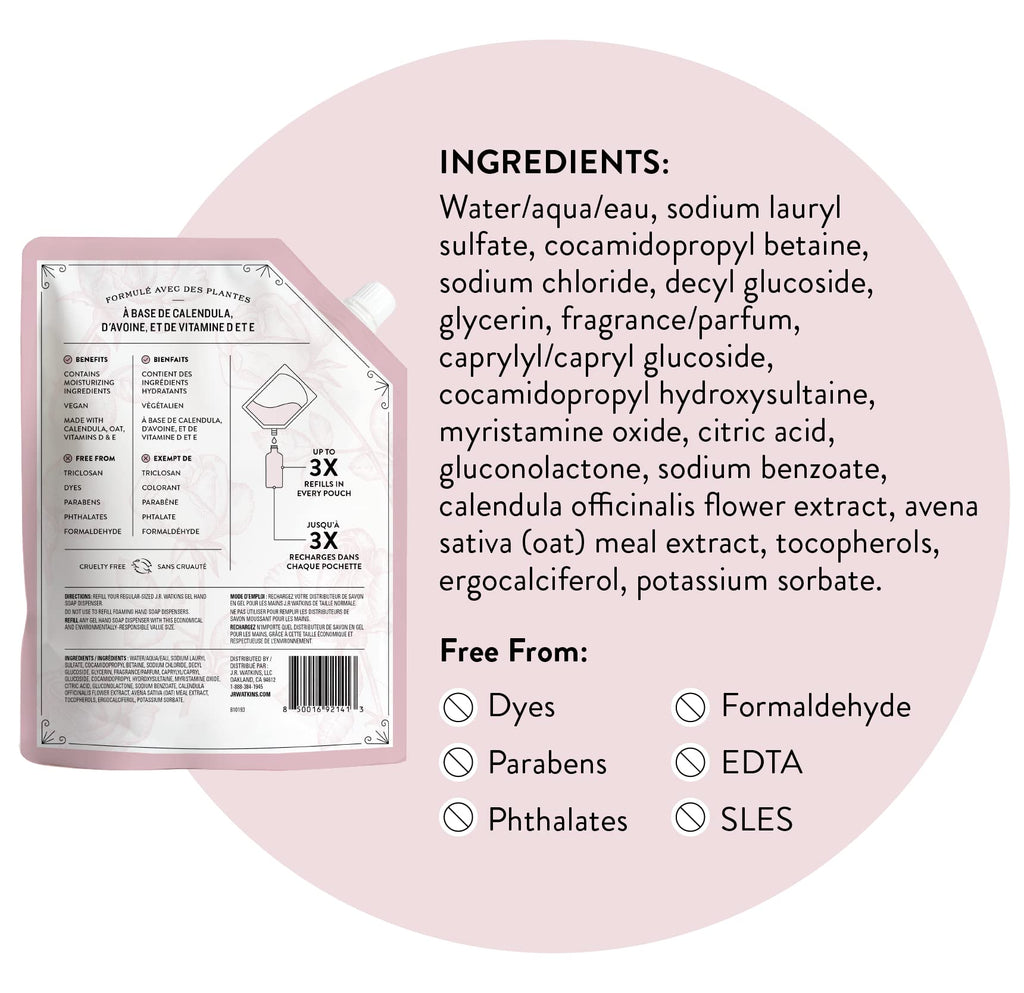 J.R. Watkins Gel Hand Soap Refill, Moisturizing Hand Wash, Formulated with Plant-Based Cleansers, Alcohol-Free, Cruelty-Free, Aloe & Green Tea, 34 Fl Oz, 2 Pack