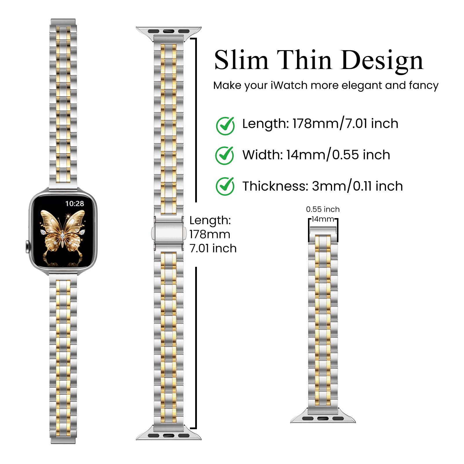 STIROLL Thin Replacement Band Compatible for Apple Watch 38mm 40mm 41mm 42mm(Series 11 10), Stainless Steel Metal Wristband Women Men for iWatch Ultra SE Series 9 8 7 6 5 4 3 2 1, Black
